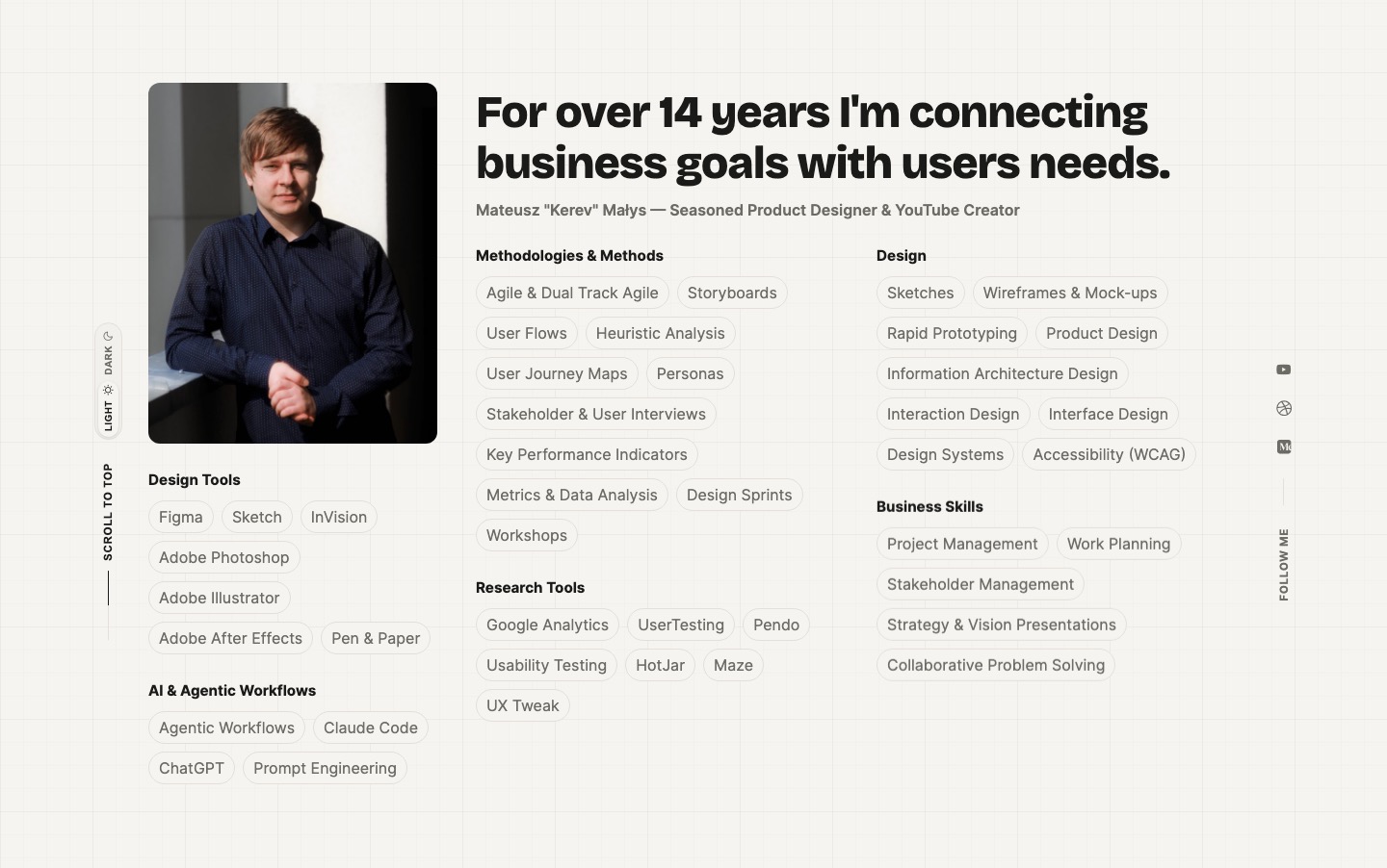 The About section: portrait, headline, and categorized skill pills including a dedicated AI & Agentic Workflows group