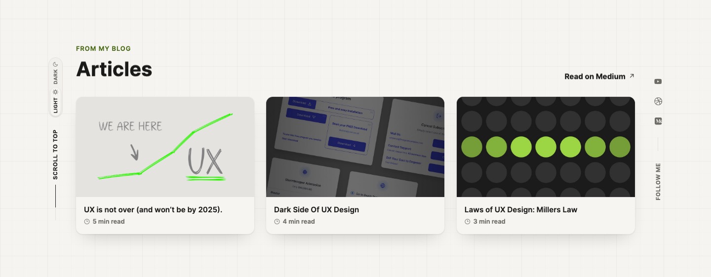 The Articles section: three Medium article cards with estimated reading time, synced from the blog automatically