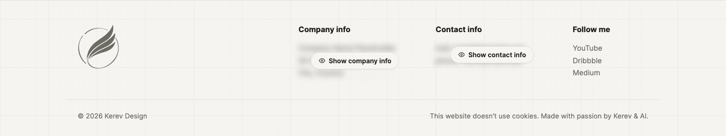 The site footer, with company and contact info hidden behind click-to-reveal gates to deter scraping