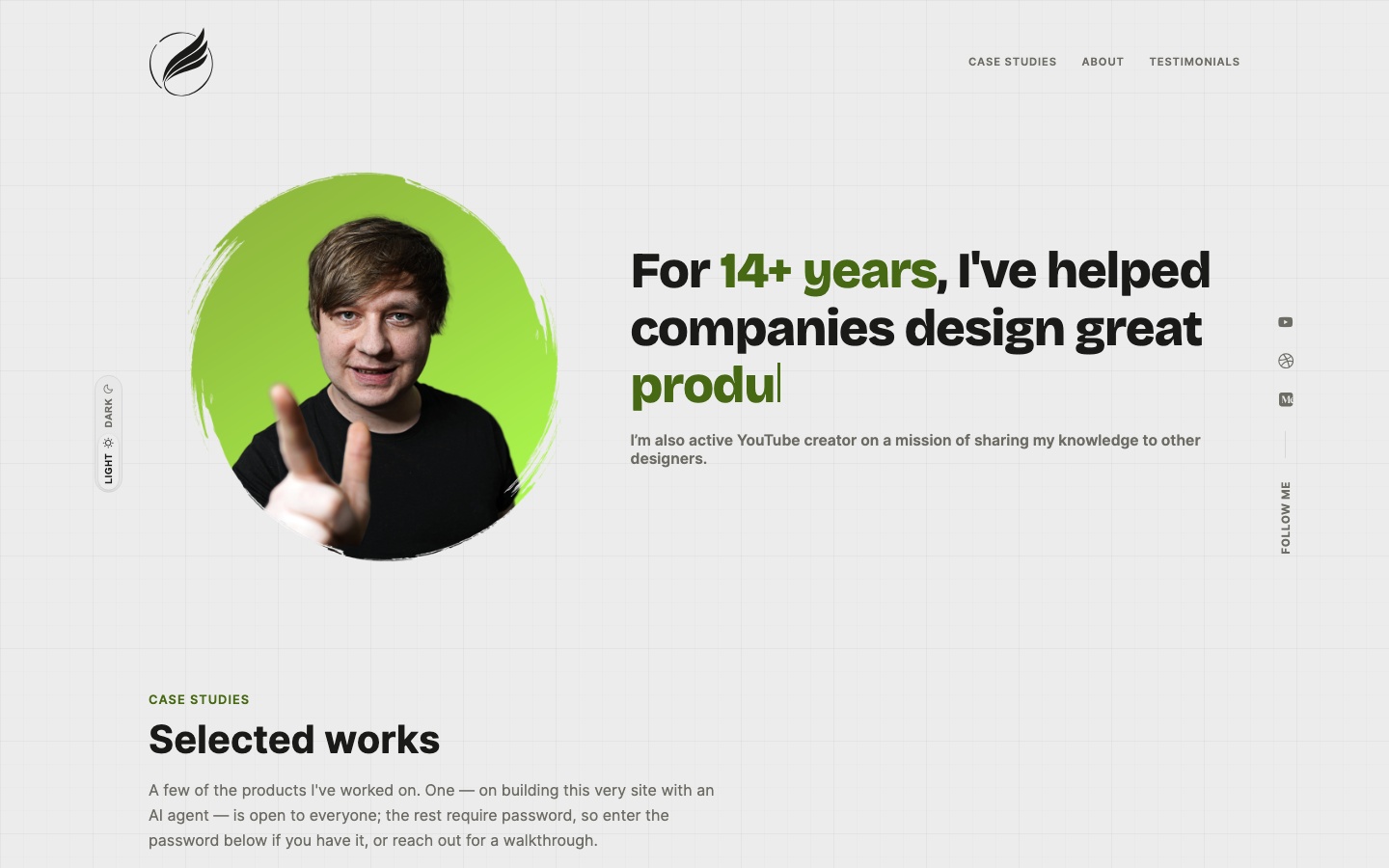 The current live homepage hero of this portfolio, fully custom-designed