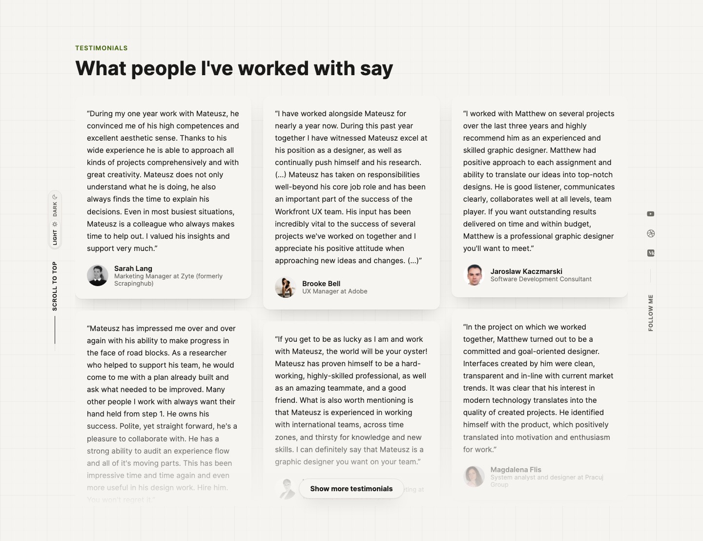 The Testimonials section: a masonry wall of quote cards from past colleagues and clients