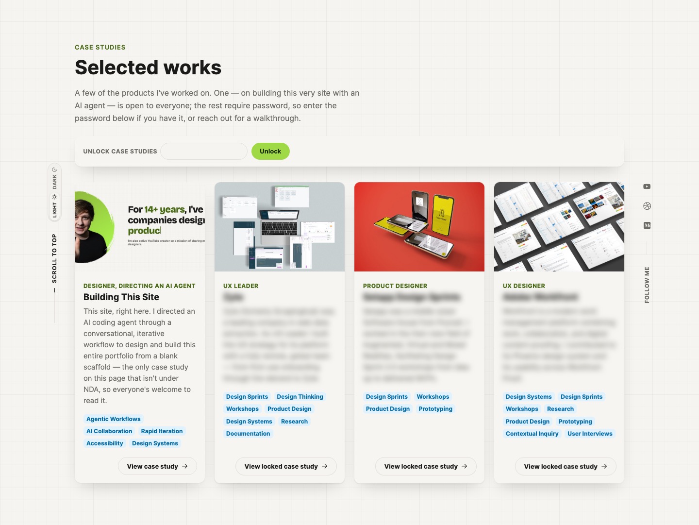 The Selected Works section: a grid of case study cards, most blurred behind a password gate