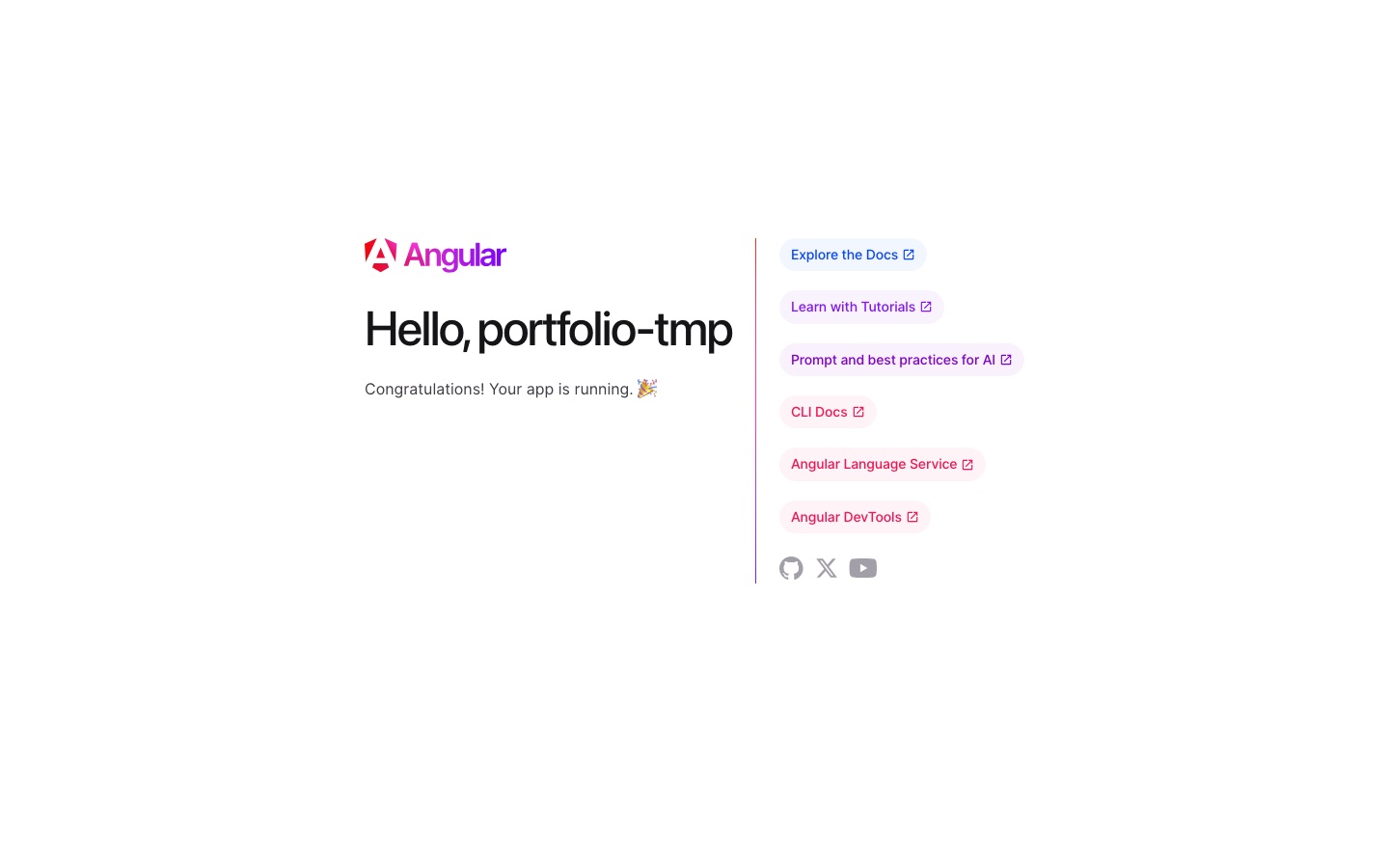 The original default framework starter screen — an "app is running" message with links to documentation