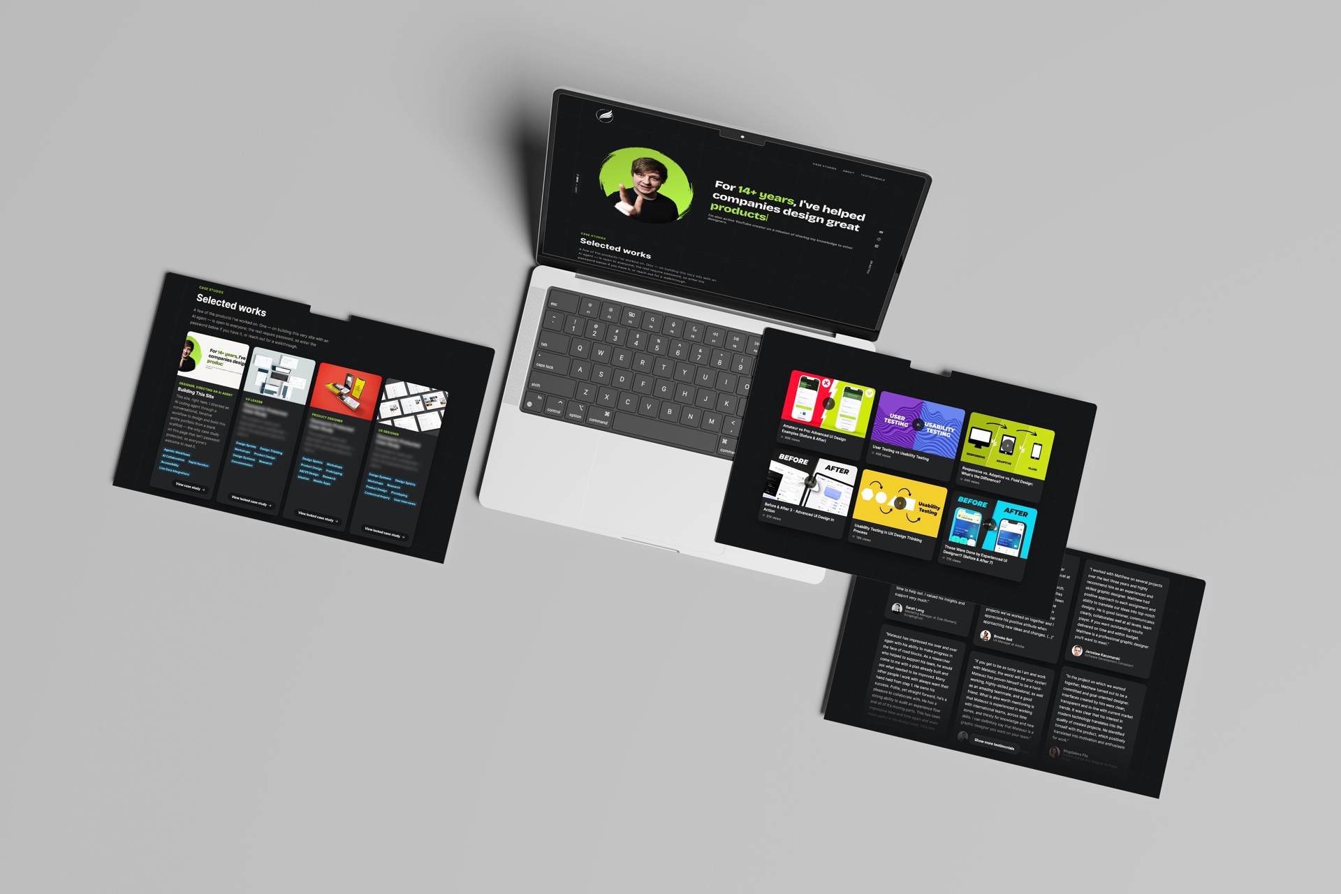 An overhead flat-lay of the portfolio's Selected Works, Videos, and Testimonials sections across a MacBook and three browser frames, all in dark theme