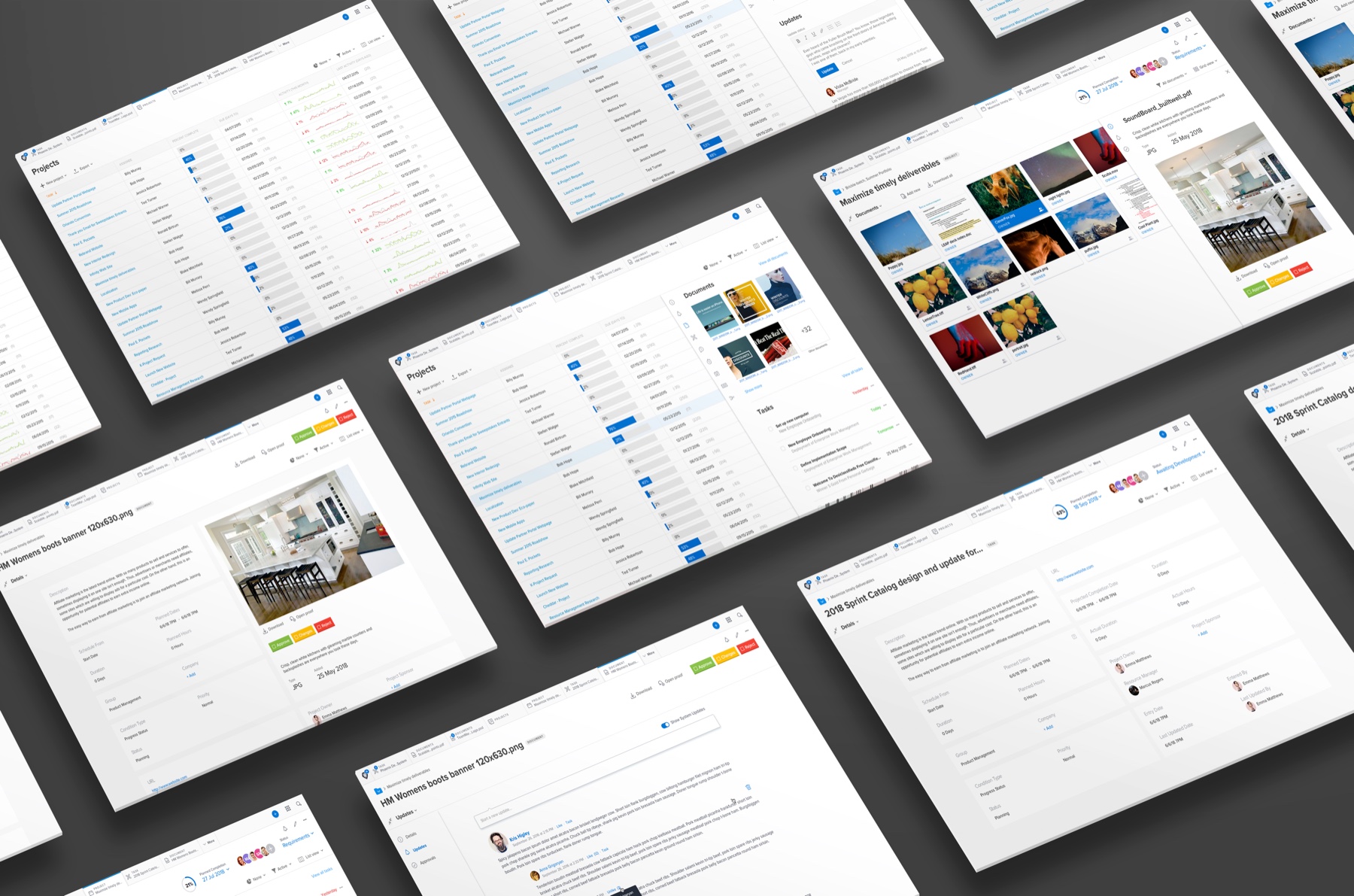 Isometric mosaic of Workfront product screens — the Projects task list, activity/percent-complete views, a "Maximize timely deliverables" project with its documents panel, and a Workfront Proof document review