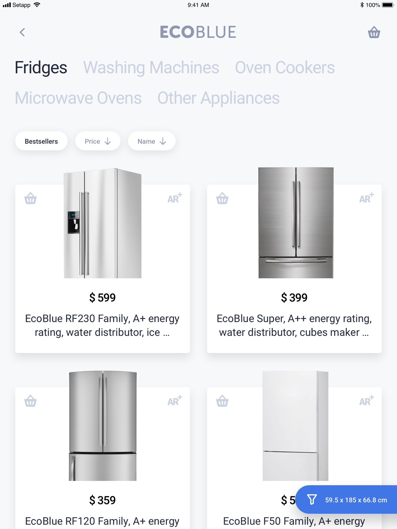 EcoBlue fridge listing filtered by bestsellers, with prices and energy ratings