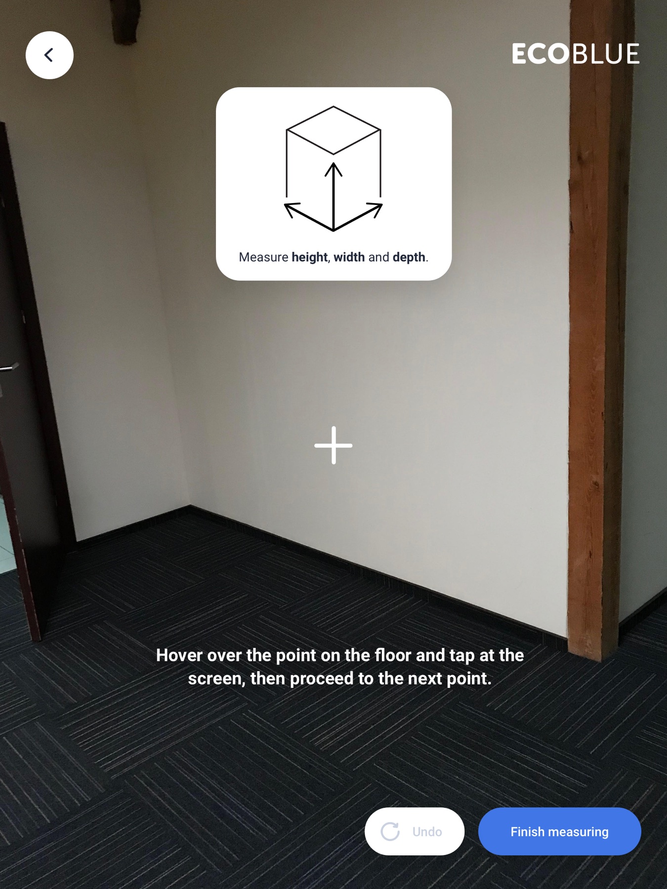 EcoBlue AR measuring flow: pointing the camera at a kitchen corner with a "measure height, width and depth" prompt