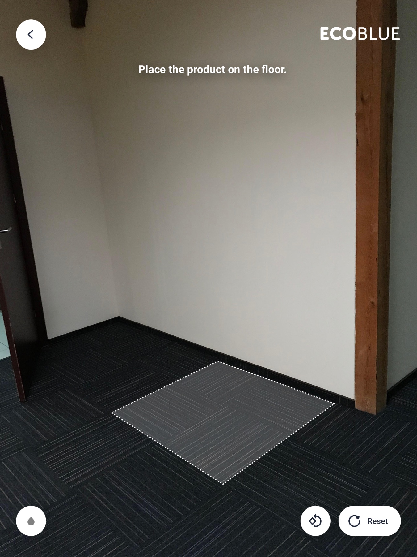EcoBlue AR flow: a life-size fridge outline placed on the floor via the camera