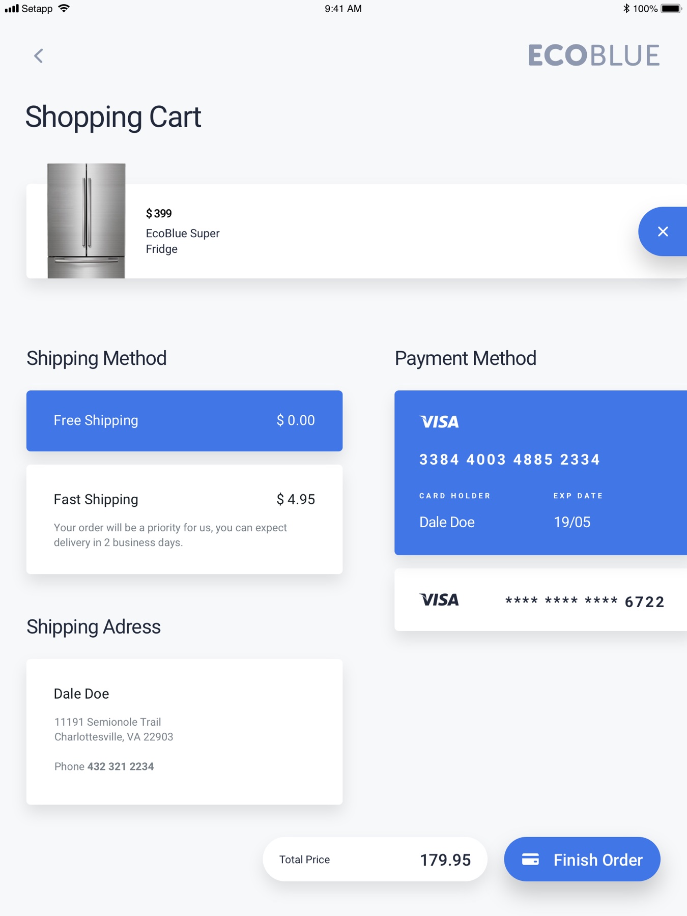 EcoBlue checkout screen with payment method and shipping address