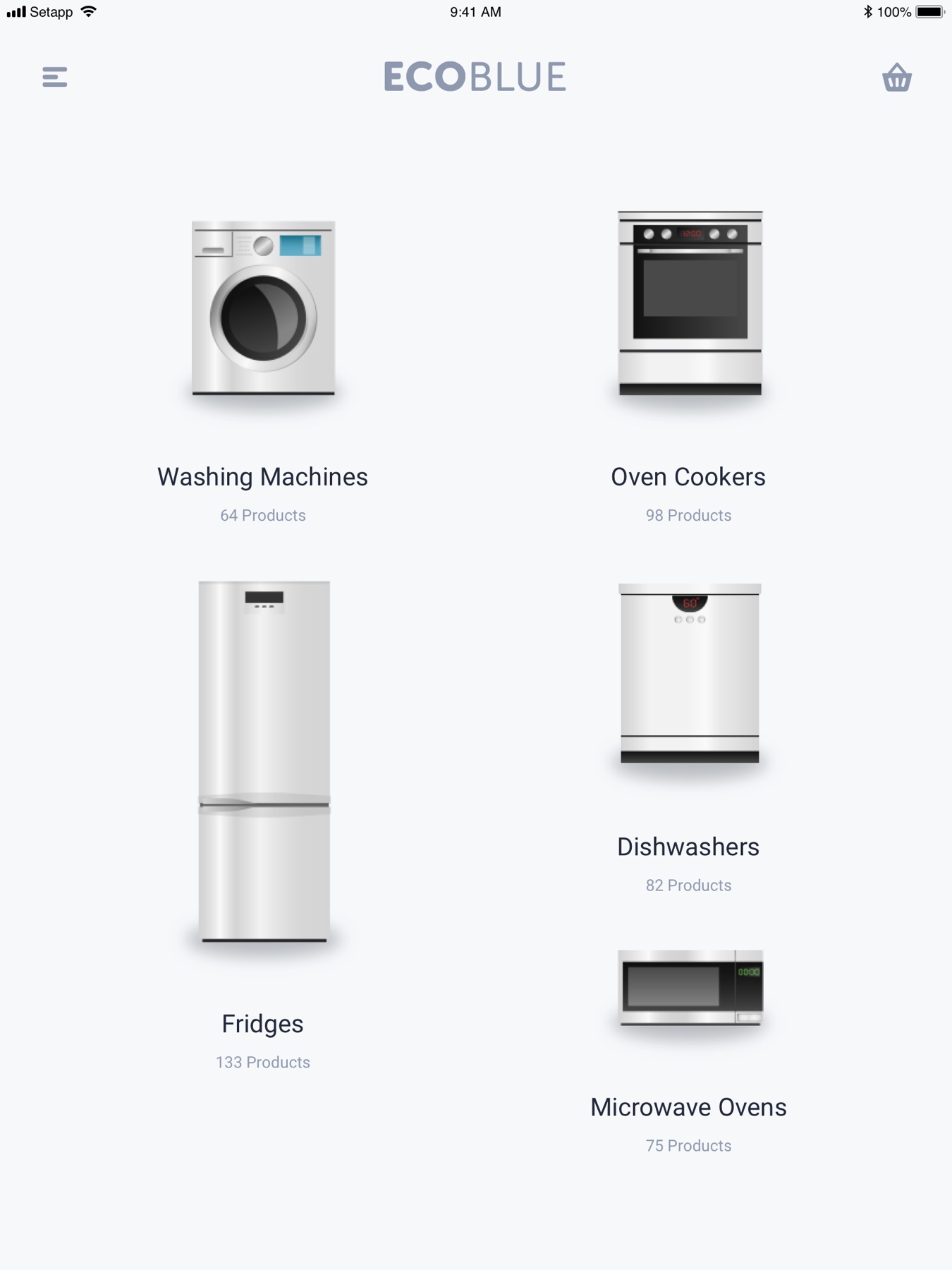 EcoBlue appliance category browser: washing machines, oven cookers, dishwashers, fridges, and microwave ovens