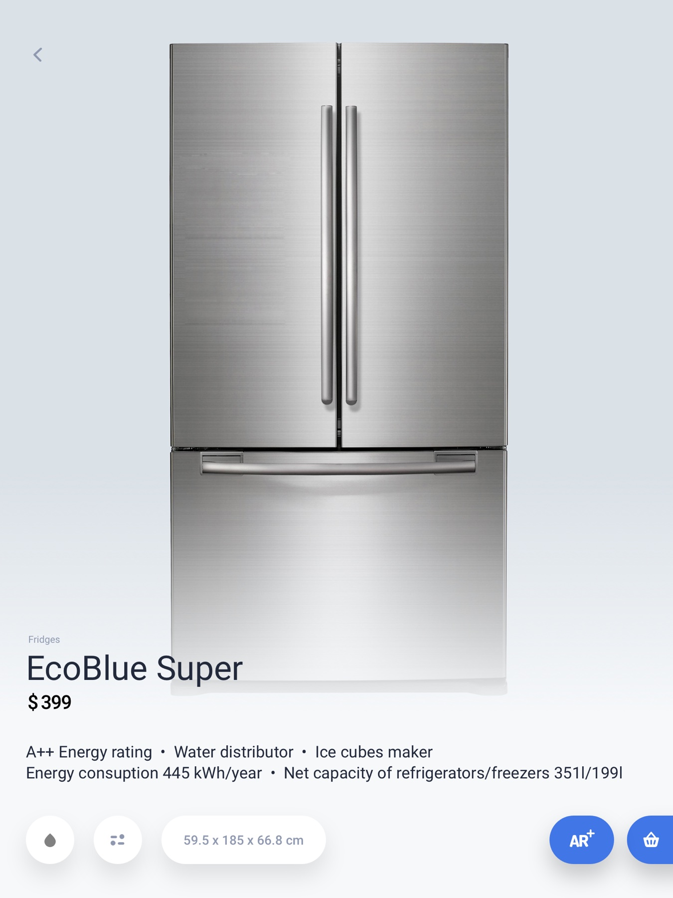 EcoBlue Super product page: $399, energy rating, water distributor, and ice maker specs