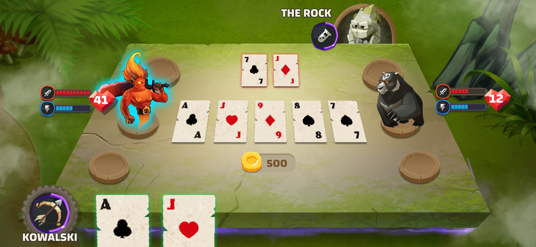 Fantasy Poker PVP battle screen: a fire-spirit hero facing "The Rock" boss, with card rows, health/energy bars, and a 500-coin wager