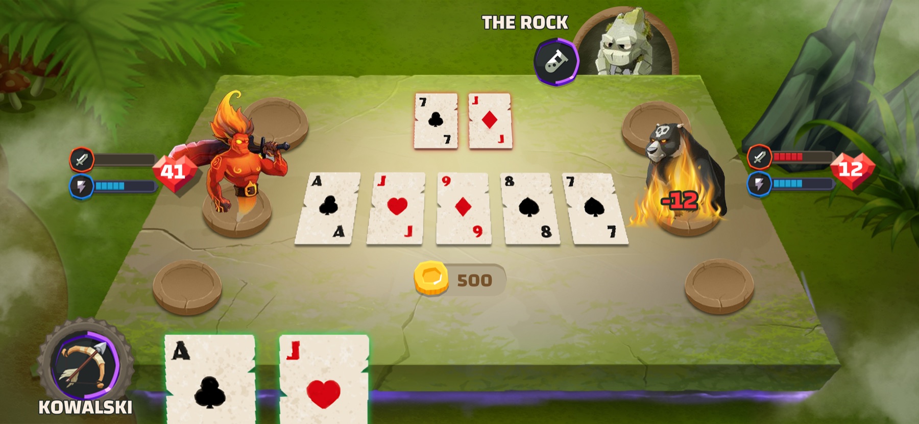 The same battle screen with the opponent taking 12 fire damage