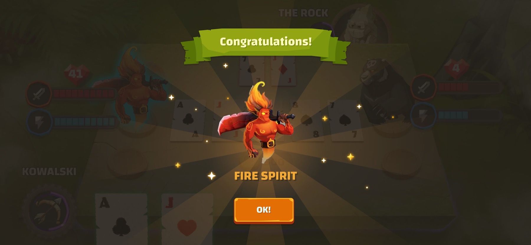 Victory screen: "Congratulations!" with the fire-spirit hero and an OK button