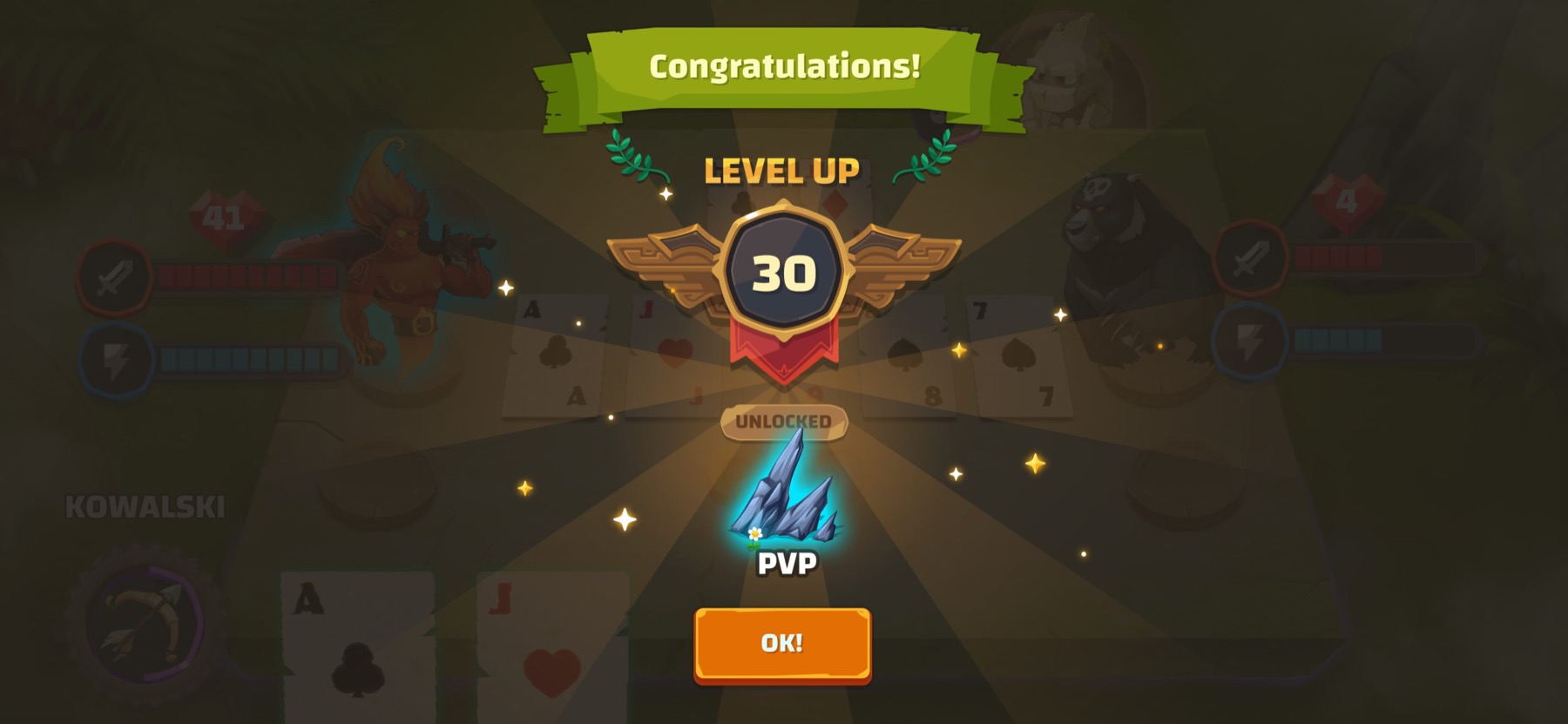 Level-up screen showing the hero reaching level 30
