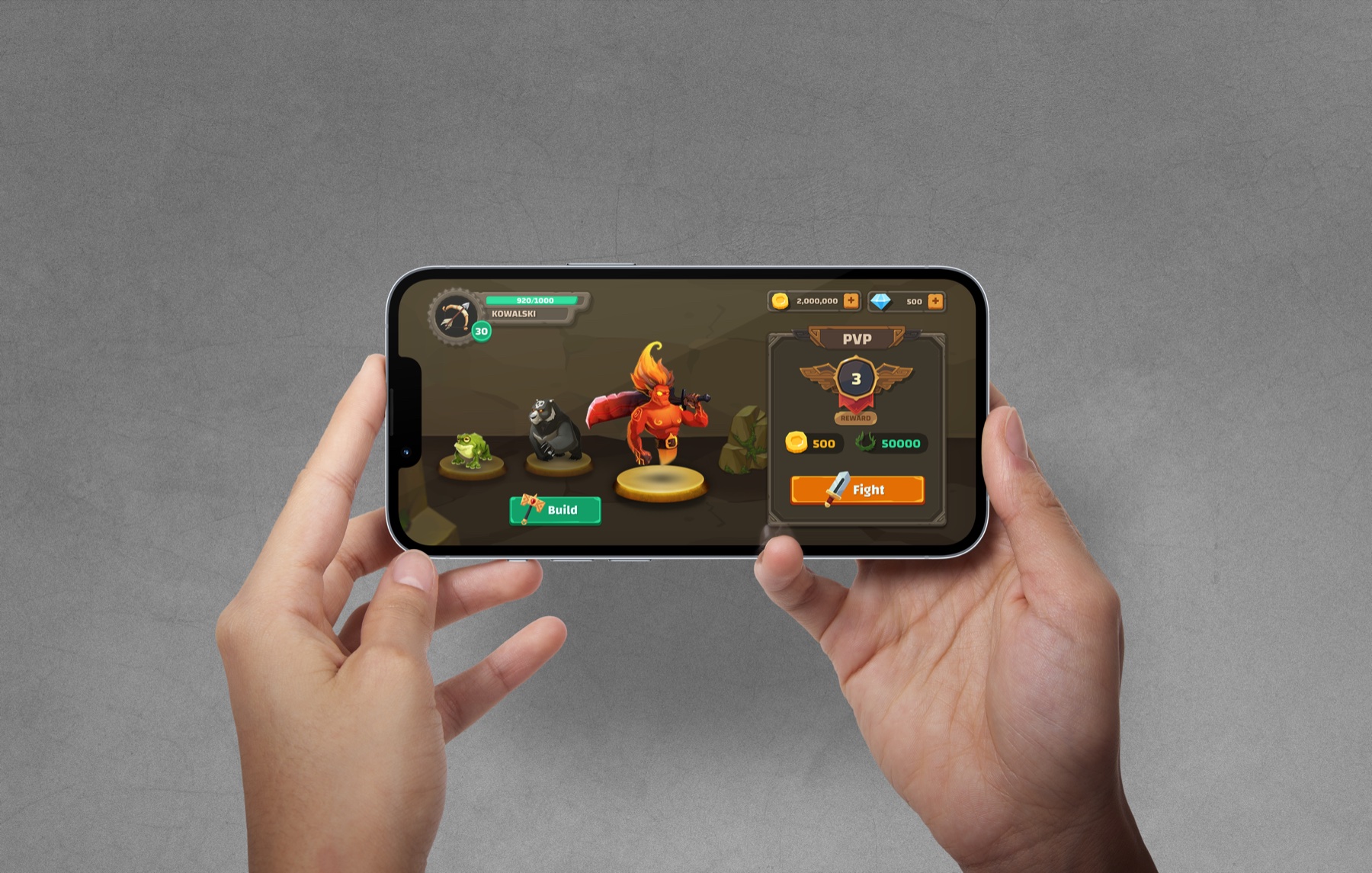Fantasy Poker mobile game screen held in a hand, showing the PVP reward panel and creature build screen