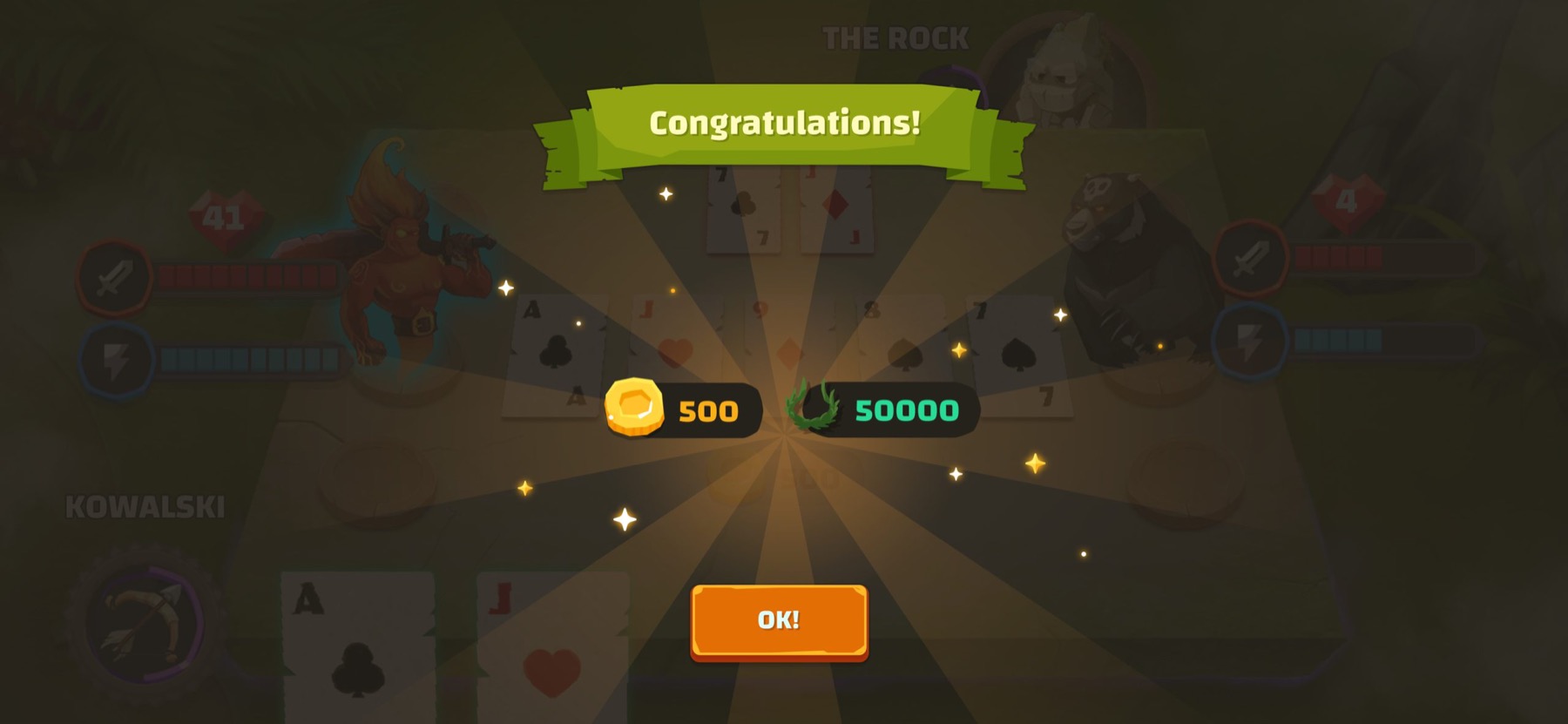 Reward screen: "Congratulations!" with 500 coins and 50,000 XP earned