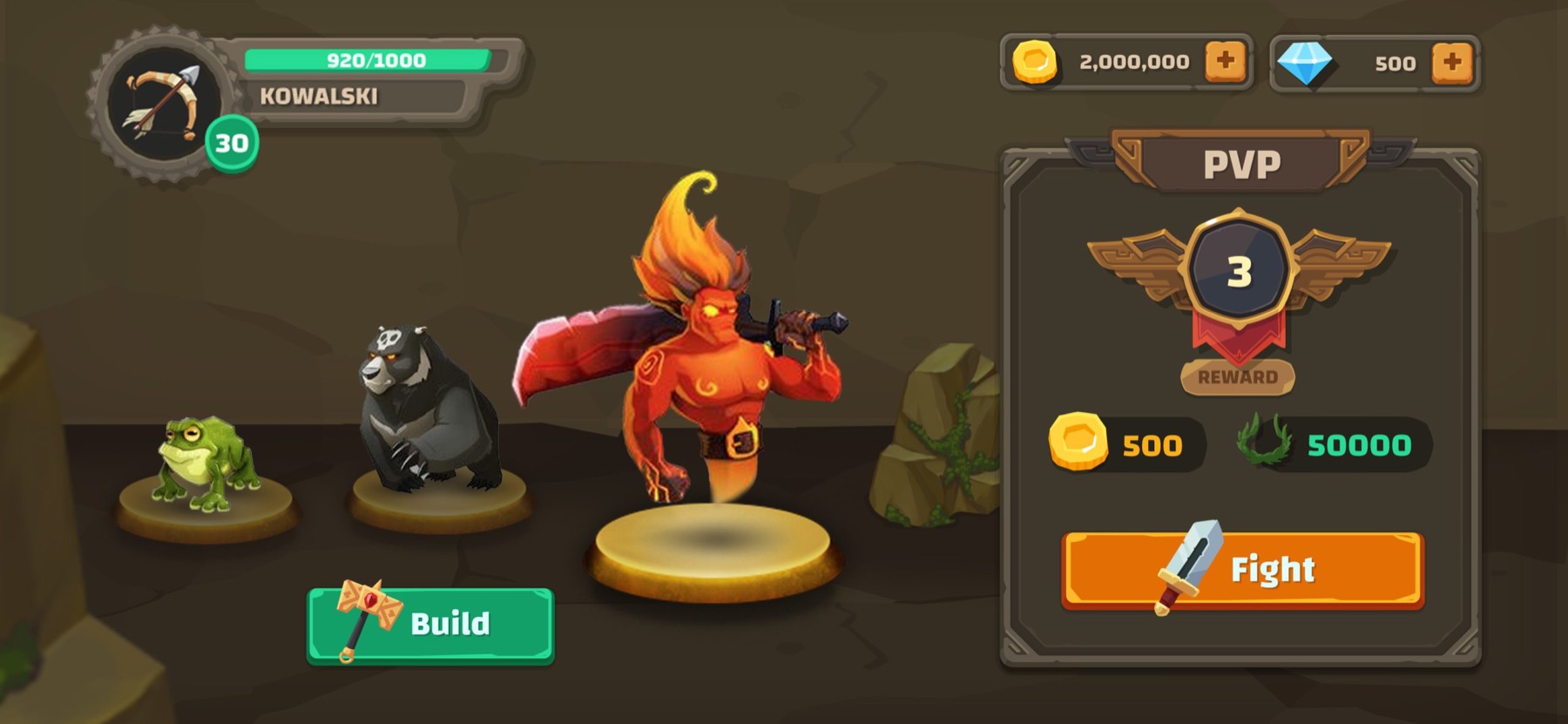 Creature roster and PVP matchmaking screen with Build and Fight buttons