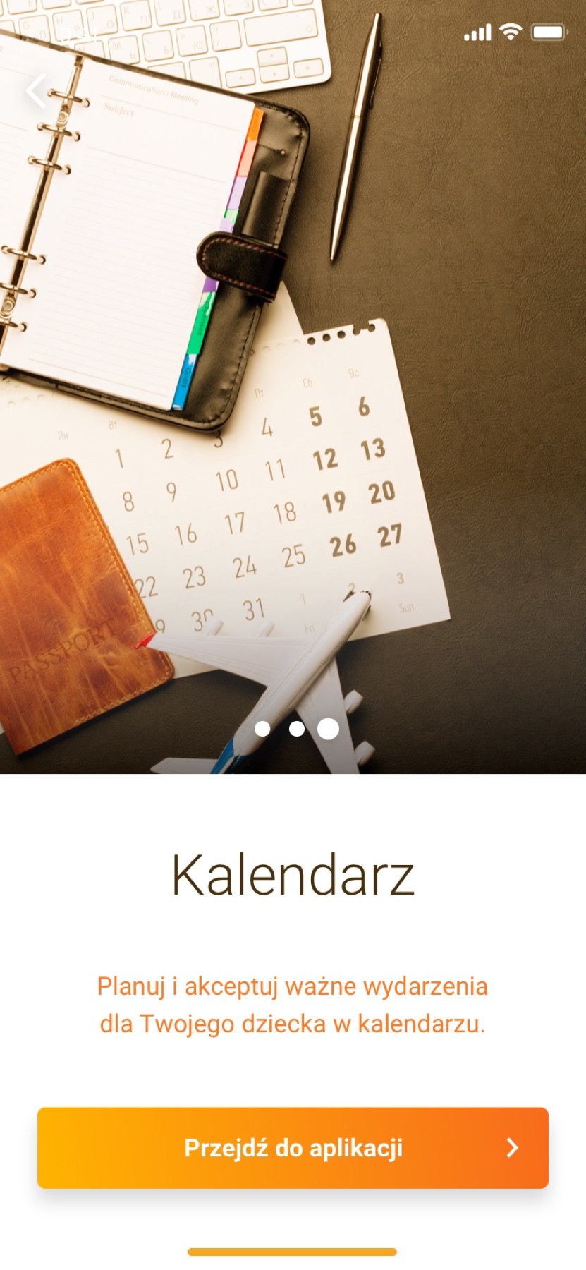 Onboarding slide introducing the shared calendar, for planning and approving important events for the child