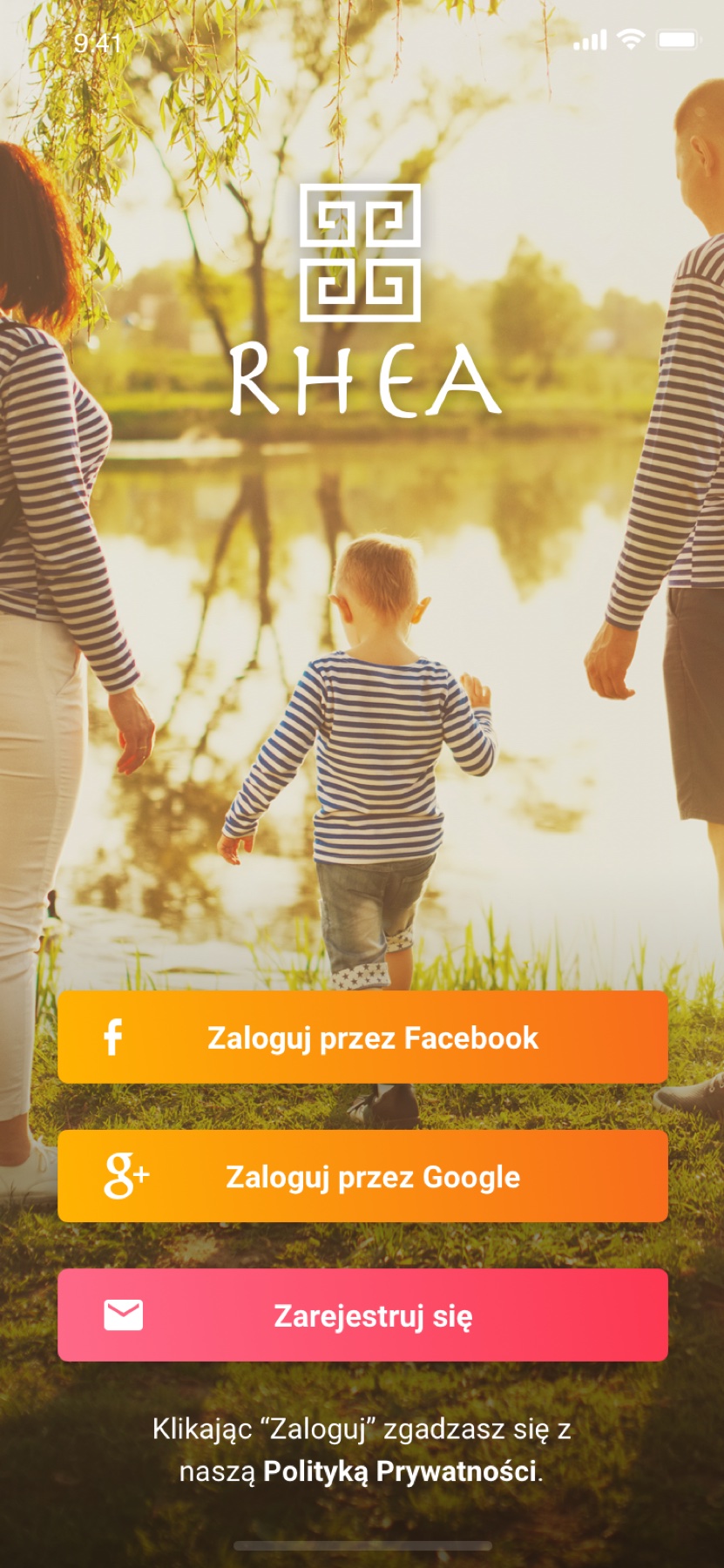 Rhea login screen over a family photo, with Facebook, Google, and email sign-up options