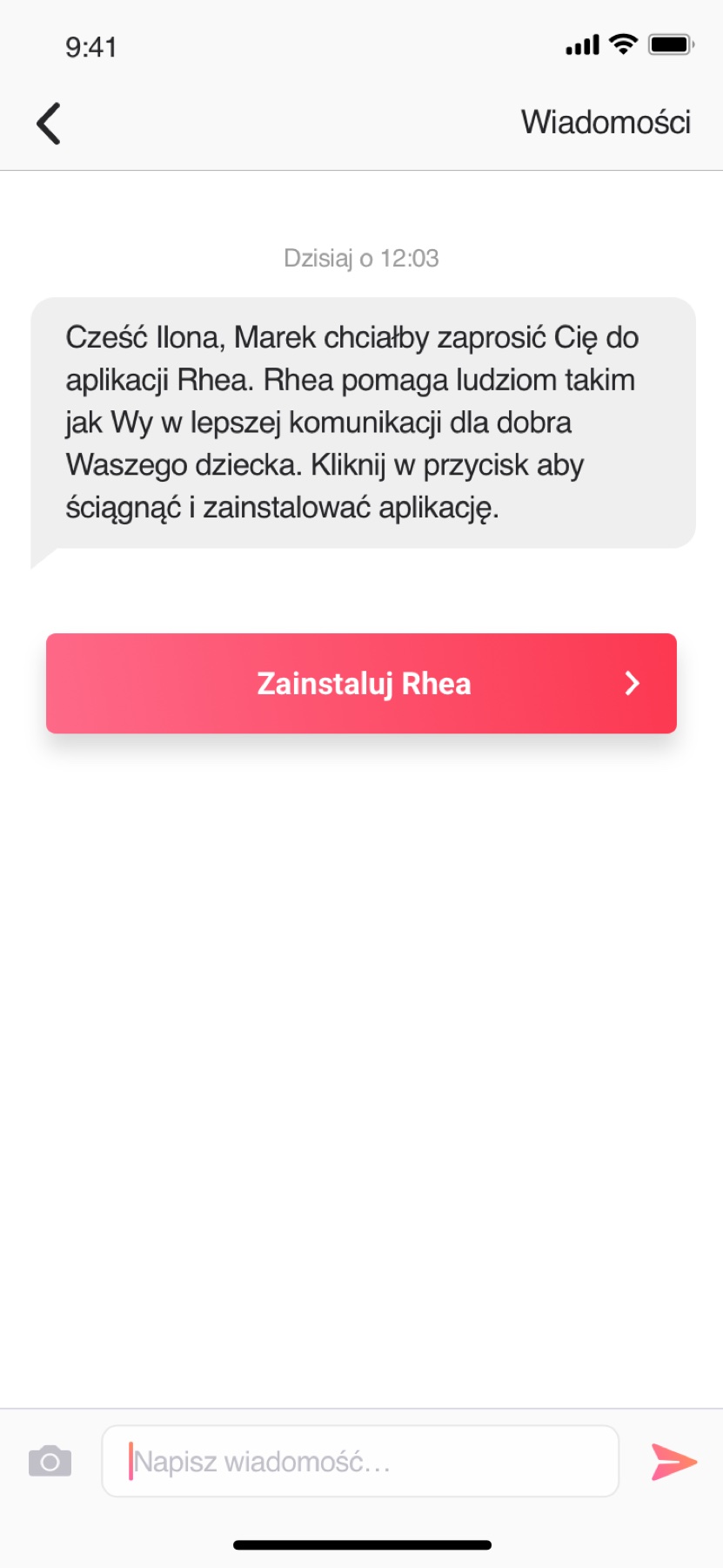 Text message inviting the other parent to install Rhea, with an "Install Rhea" button