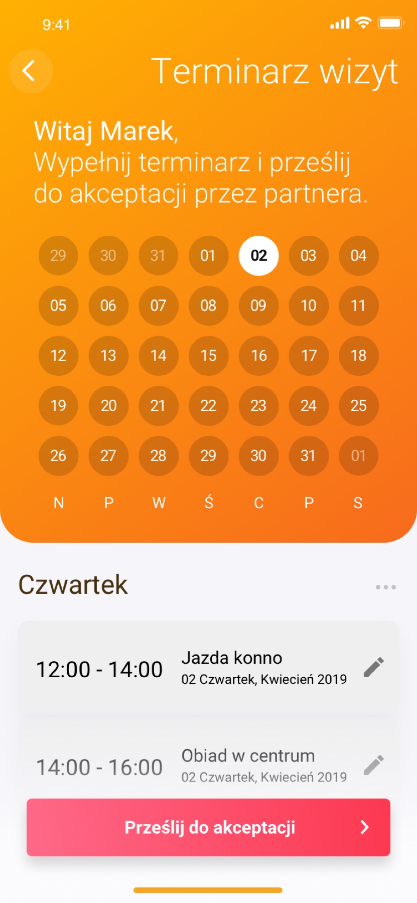 Visit-schedule screen: a parent fills in a day's plan and submits it to their co-parent for approval