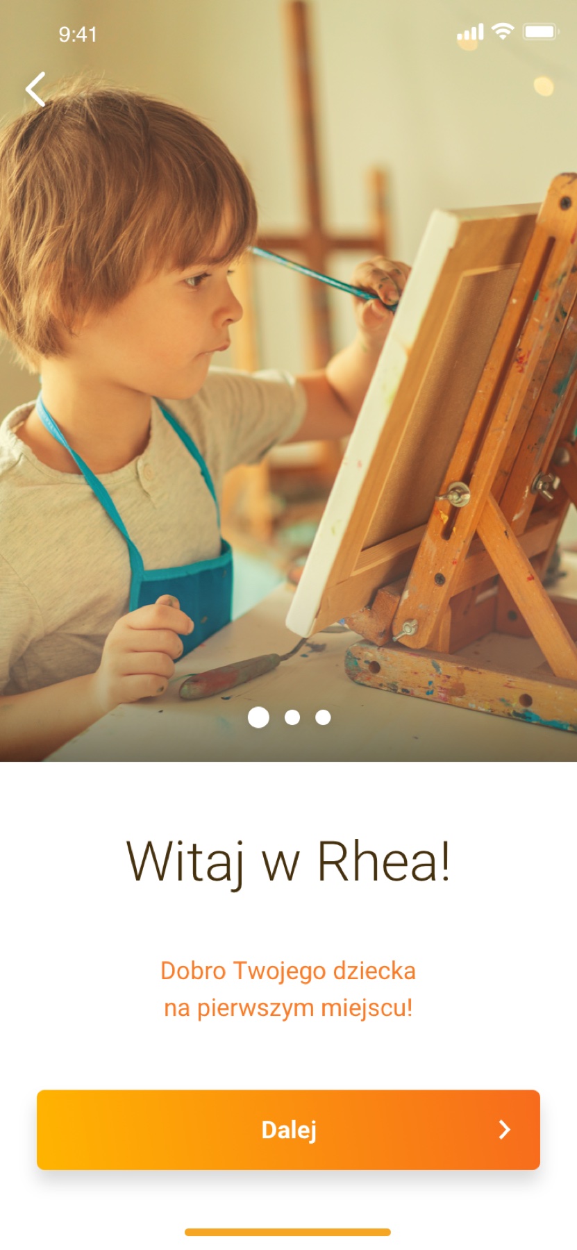 Rhea onboarding welcome screen: a photo of a child painting, with the headline "Welcome to Rhea!" and a subheading about putting the child's wellbeing first