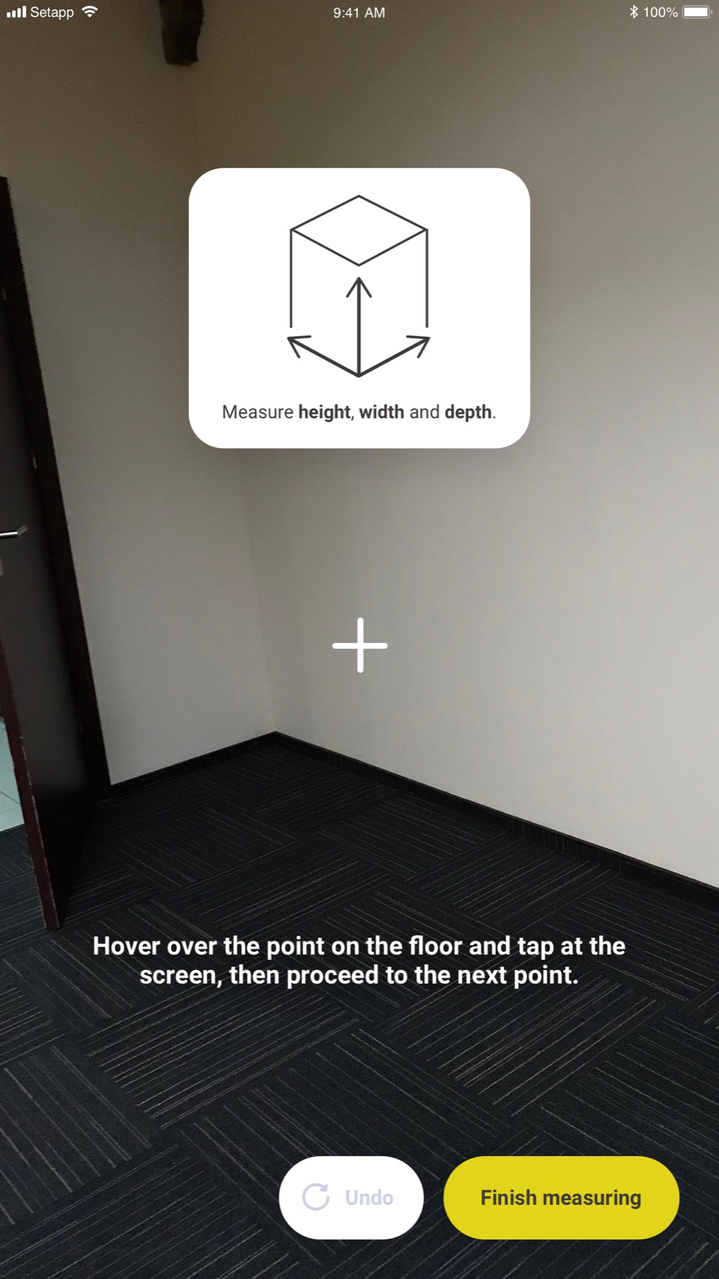 Yellow Door AR measuring prompt: "Hover over the point on the floor and tap at the screen, then proceed to the next point"