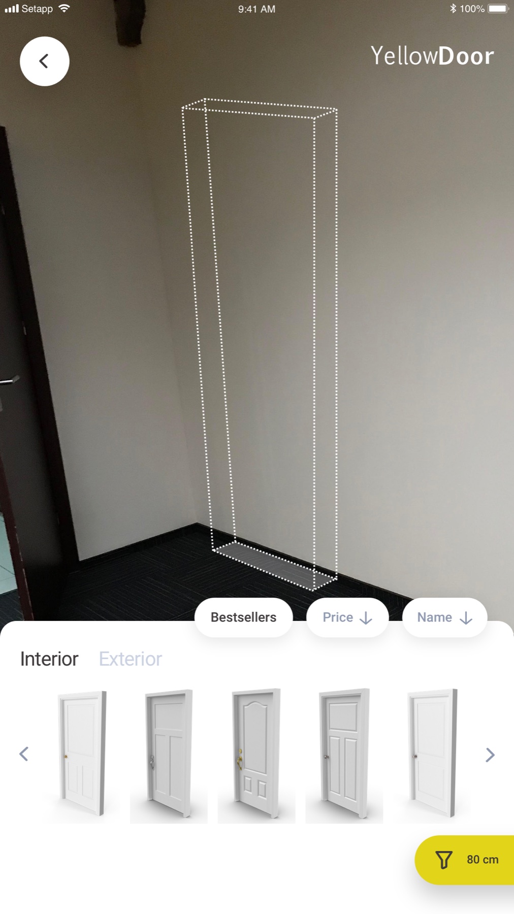 Yellow Door AR flow: a life-size door outline placed in a hallway via the camera