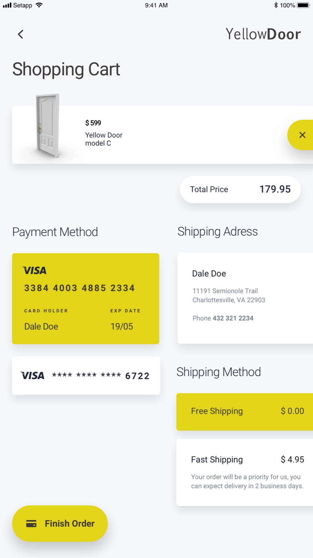 Yellow Door shopping cart with payment method and shipping method options