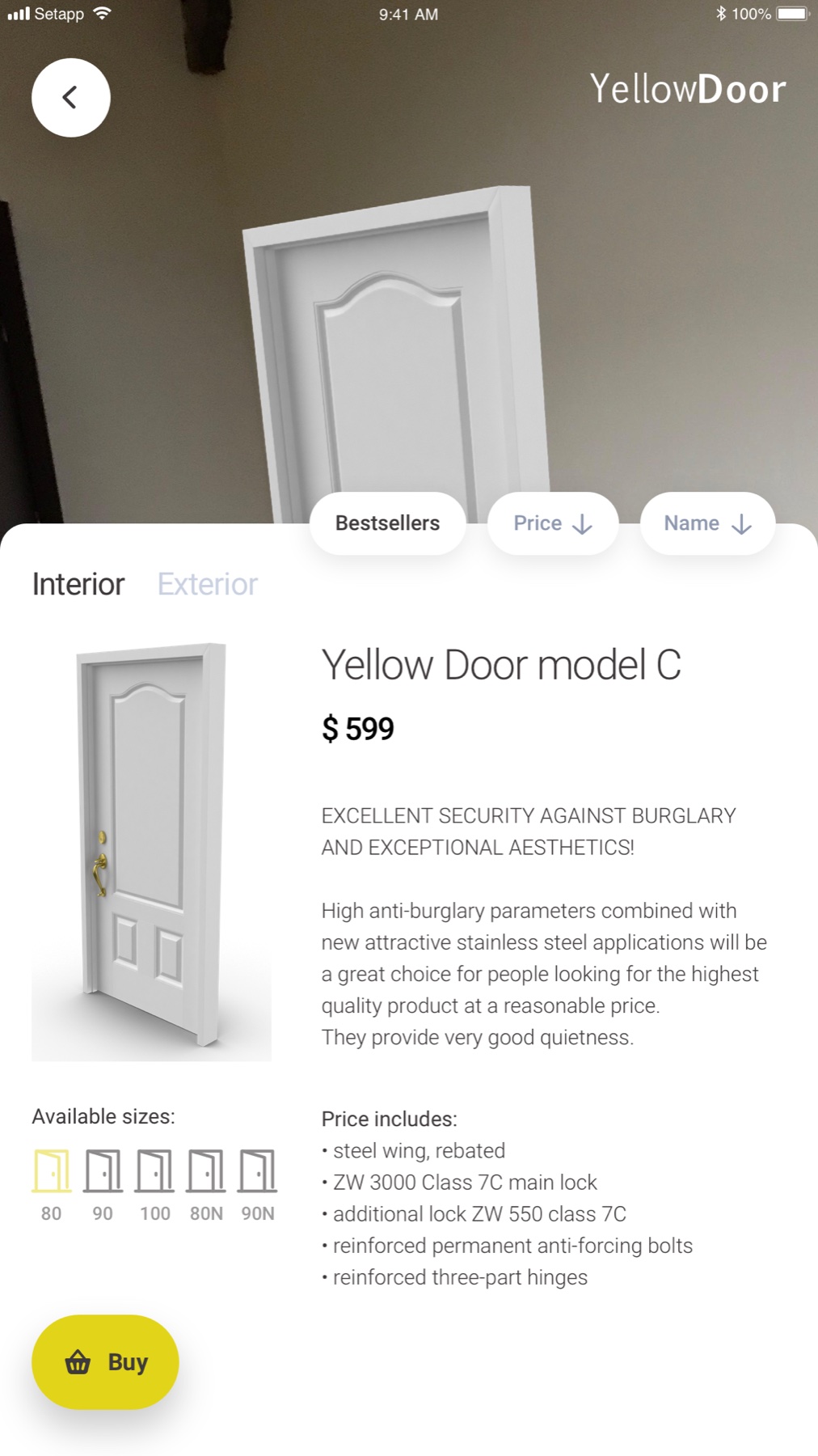 Yellow Door product page for "Yellow Door model C" with price, specs, and a Buy button