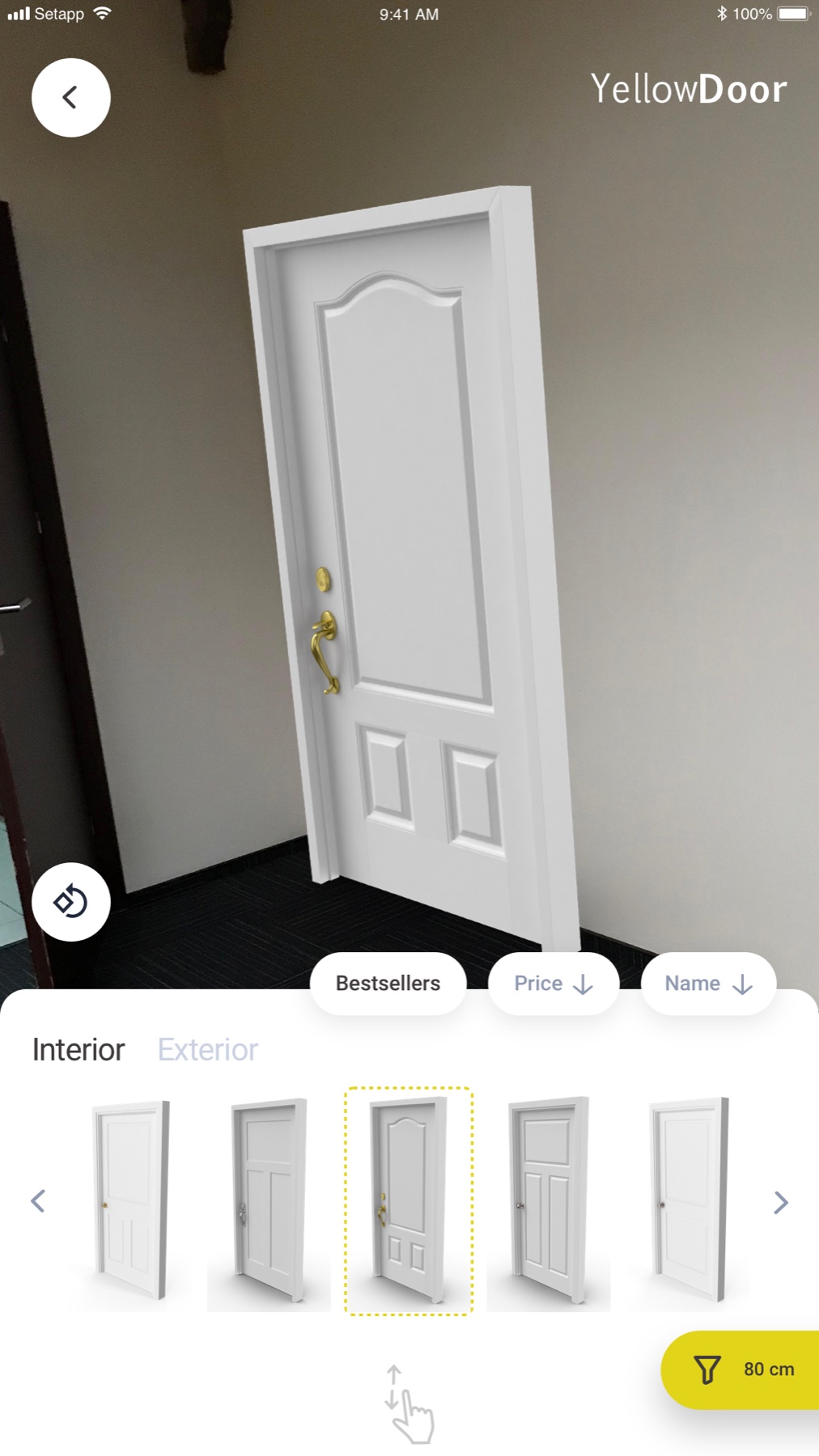Yellow Door catalog browser with Interior/Exterior tabs and a row of door thumbnails
