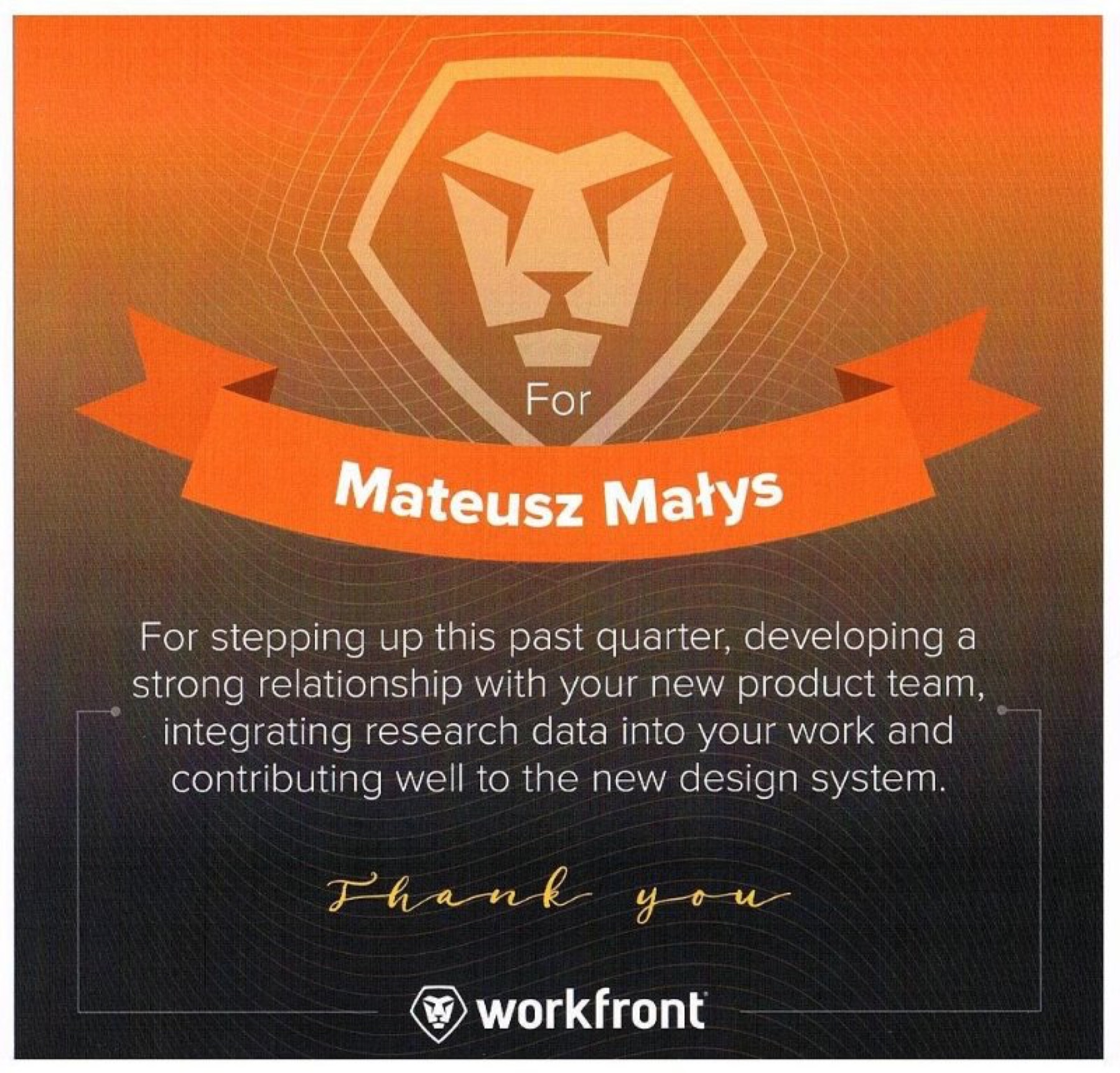 Workfront Best Employee award certificate presented to Mateusz Małys