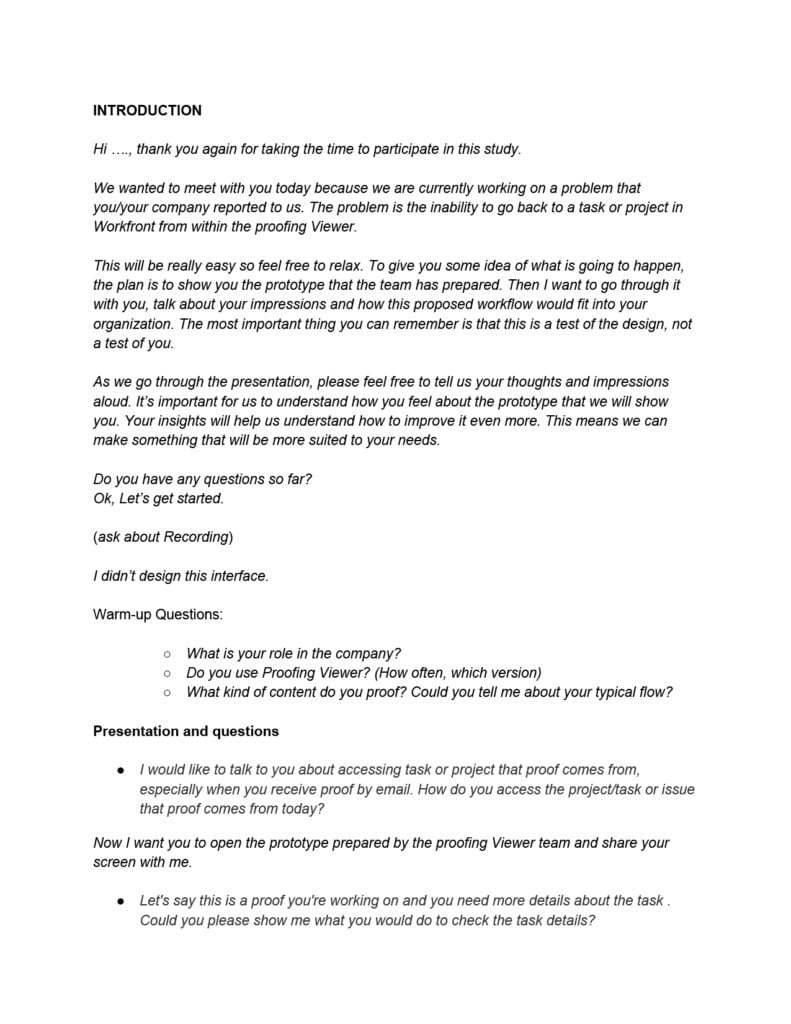 Research-session discussion guide introduction: the problem being tested (going back to a task or project from within the Proofing Viewer), warm-up questions, and presentation script