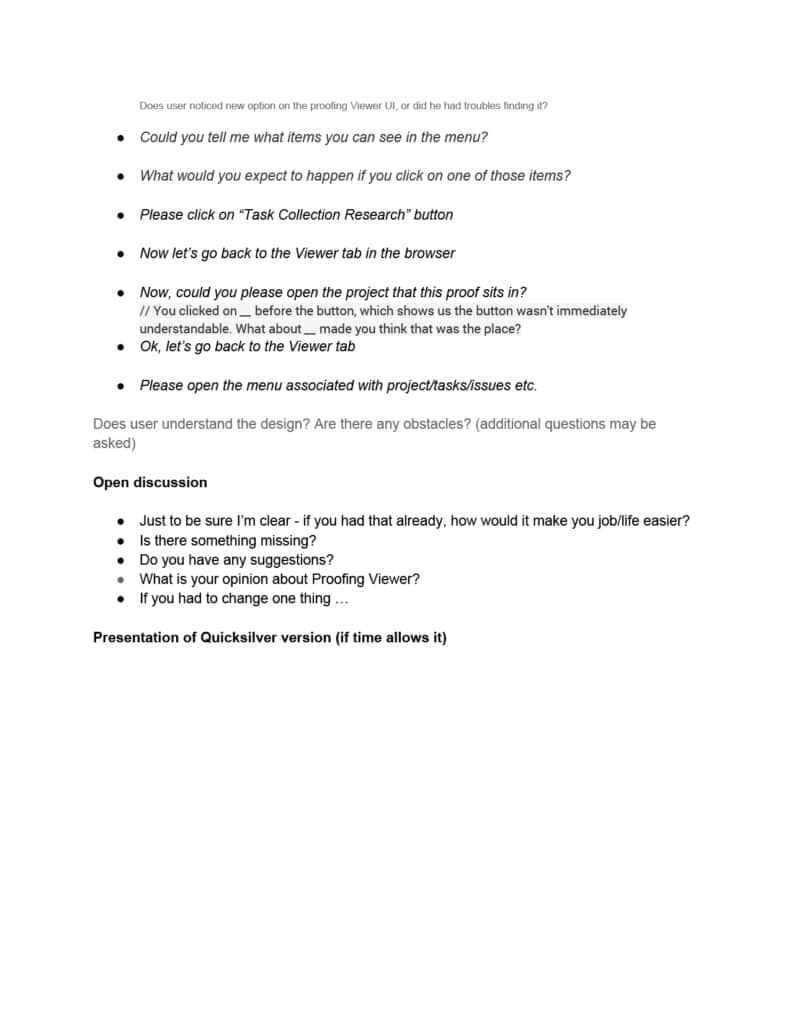 Discussion guide follow-up questions on the Proofing Viewer menu, open discussion prompts, and a note to present the Quicksilver version if time allows