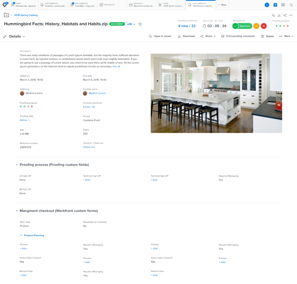 Full document-details view for "Hummingbird Facts: History, Habitats and Habits.zip", with proofing progress, custom proofing-process fields, and Workfront custom-form checkout fields