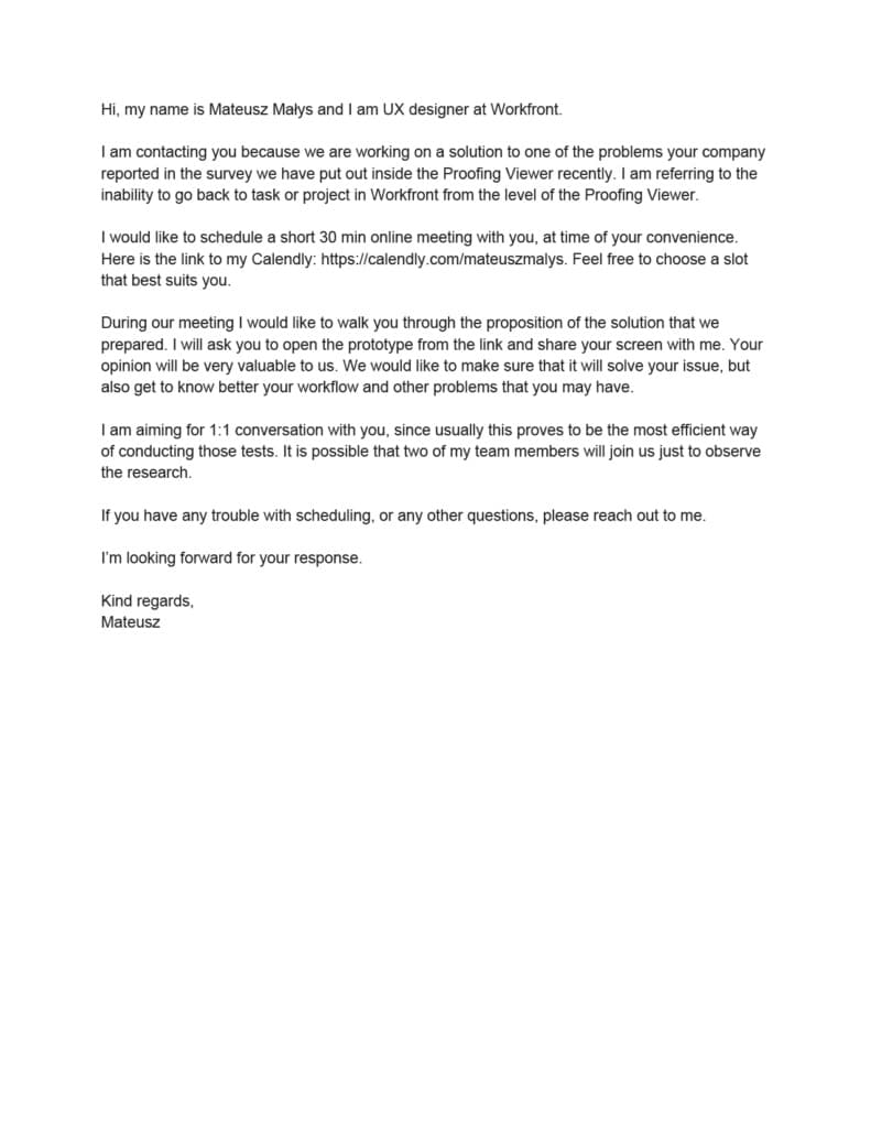 Outreach email inviting a customer to a research session about returning to a task or project from within the Proofing Viewer