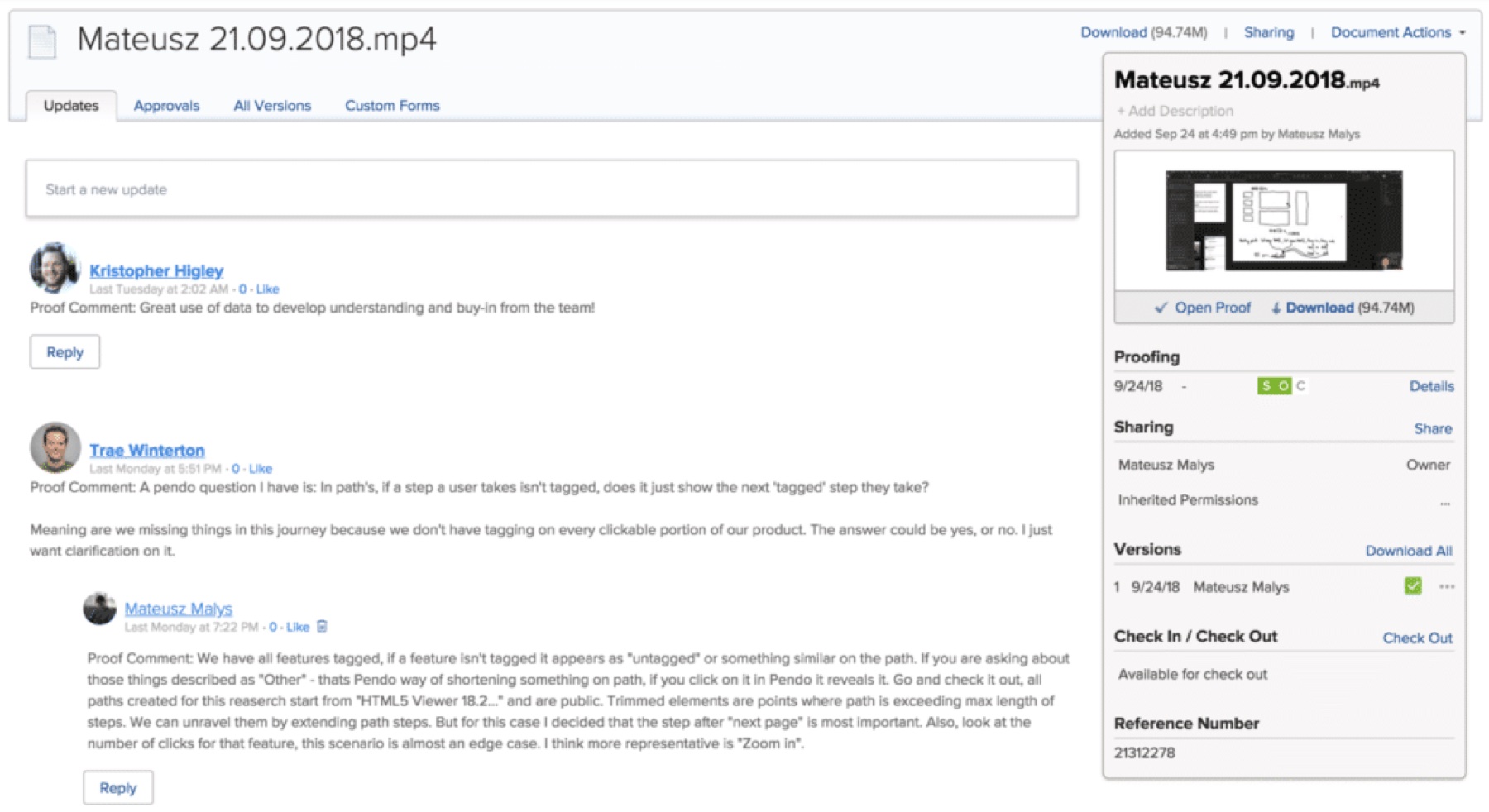 A video proof under review, with inline comments, versions, sharing, and check-in/check-out controls