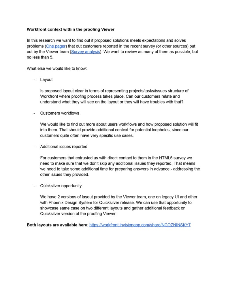 Research plan for "Workfront context within the proofing Viewer": what the study wants to learn about layout, customer workflows, additional reported issues, and the Quicksilver opportunity