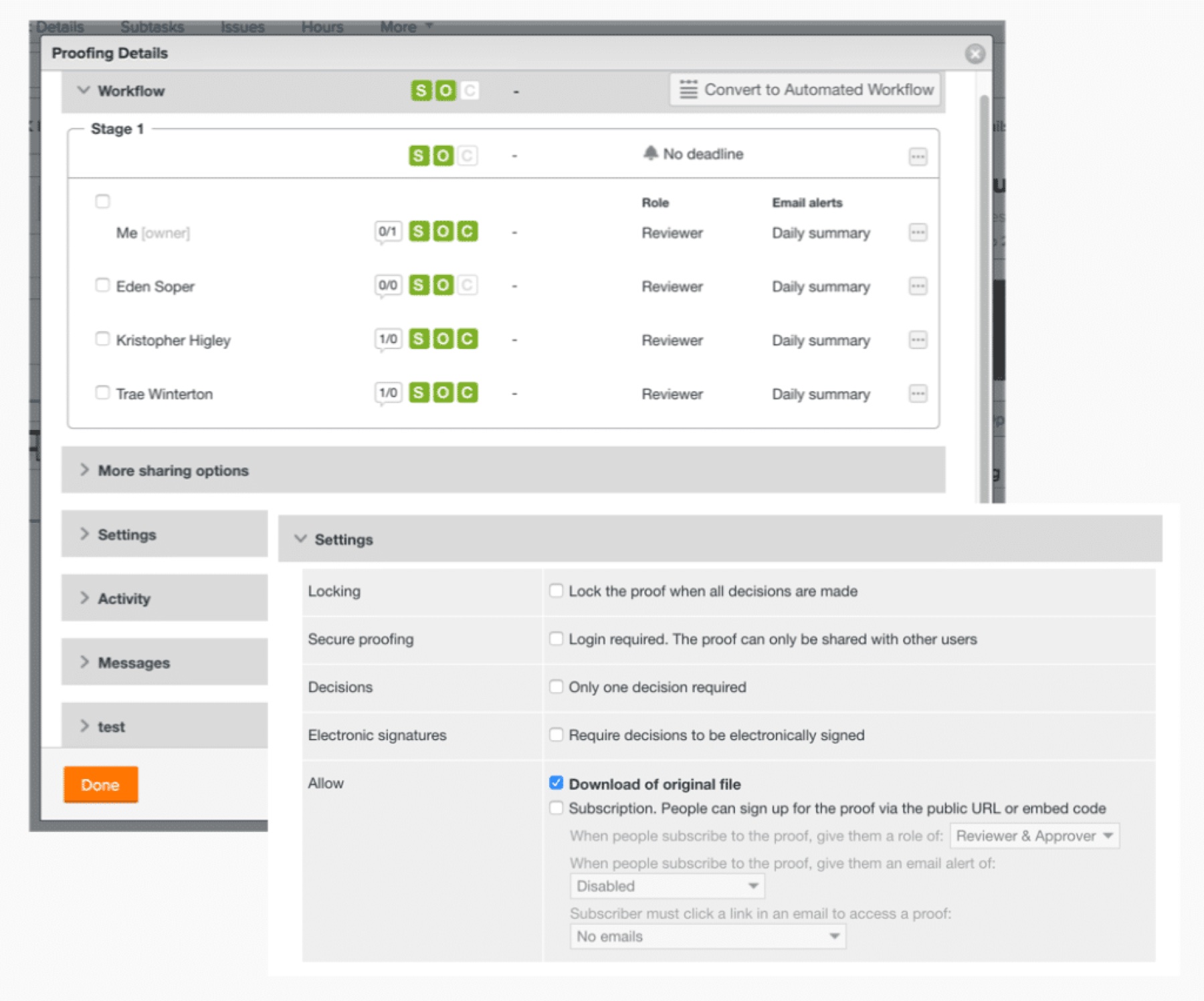 Proofing Details settings: locking, secure proofing, decisions, electronic signature, and public-link download options