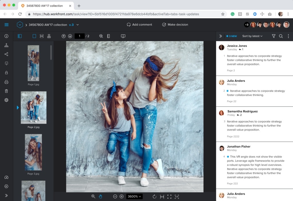 A proof under review in the Proofing Viewer, with page thumbnails, zoom controls, and an inline comments panel