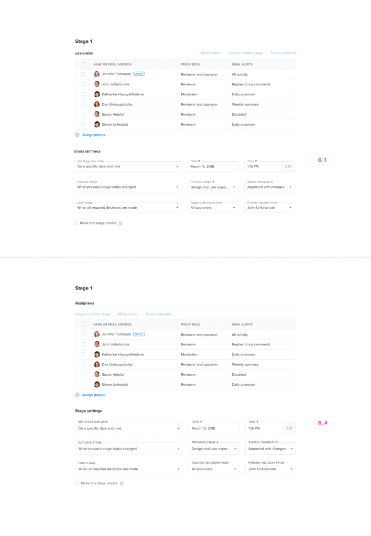 Proofing workflow Stage 1: assignee roles and email-alert settings, plus stage due-date, activation, and lock rules