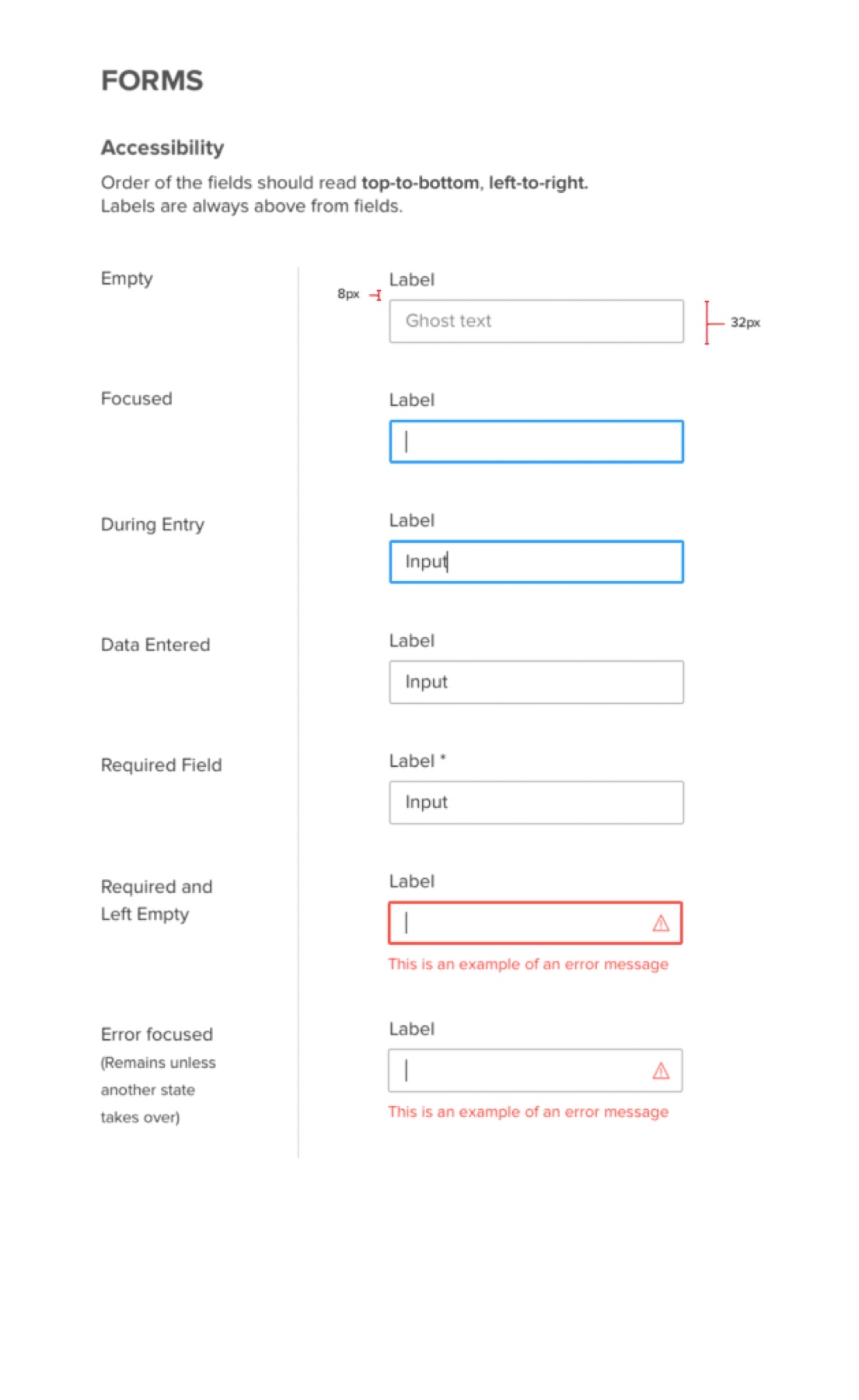 Phoenix design system form-field accessibility spec, showing empty, focused, during-entry, required, and error states with exact spacing annotations