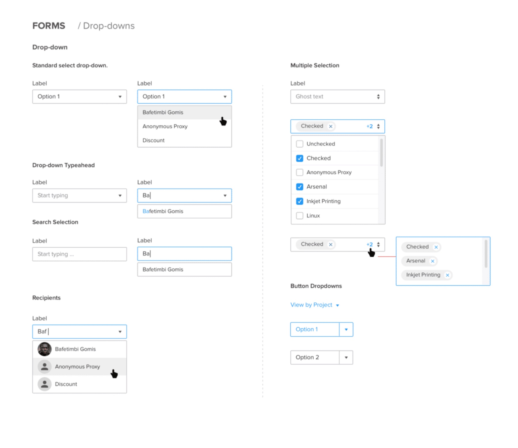 Standard, typeahead, search-selection, multiple-selection, and recipient drop-down component specs from the Phoenix design system