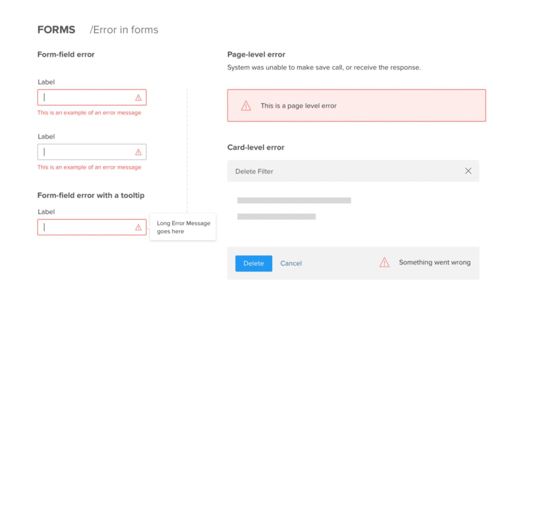 Form-field, page-level, and card-level error specs, next to an editable multi-step proof stepper component