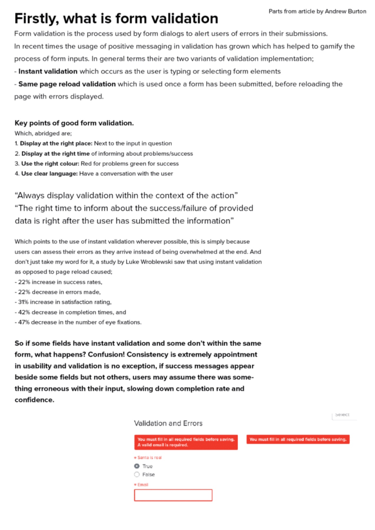 Research notes on form validation: instant vs. same-page-reload validation, key points of good form validation, and a validation/error example