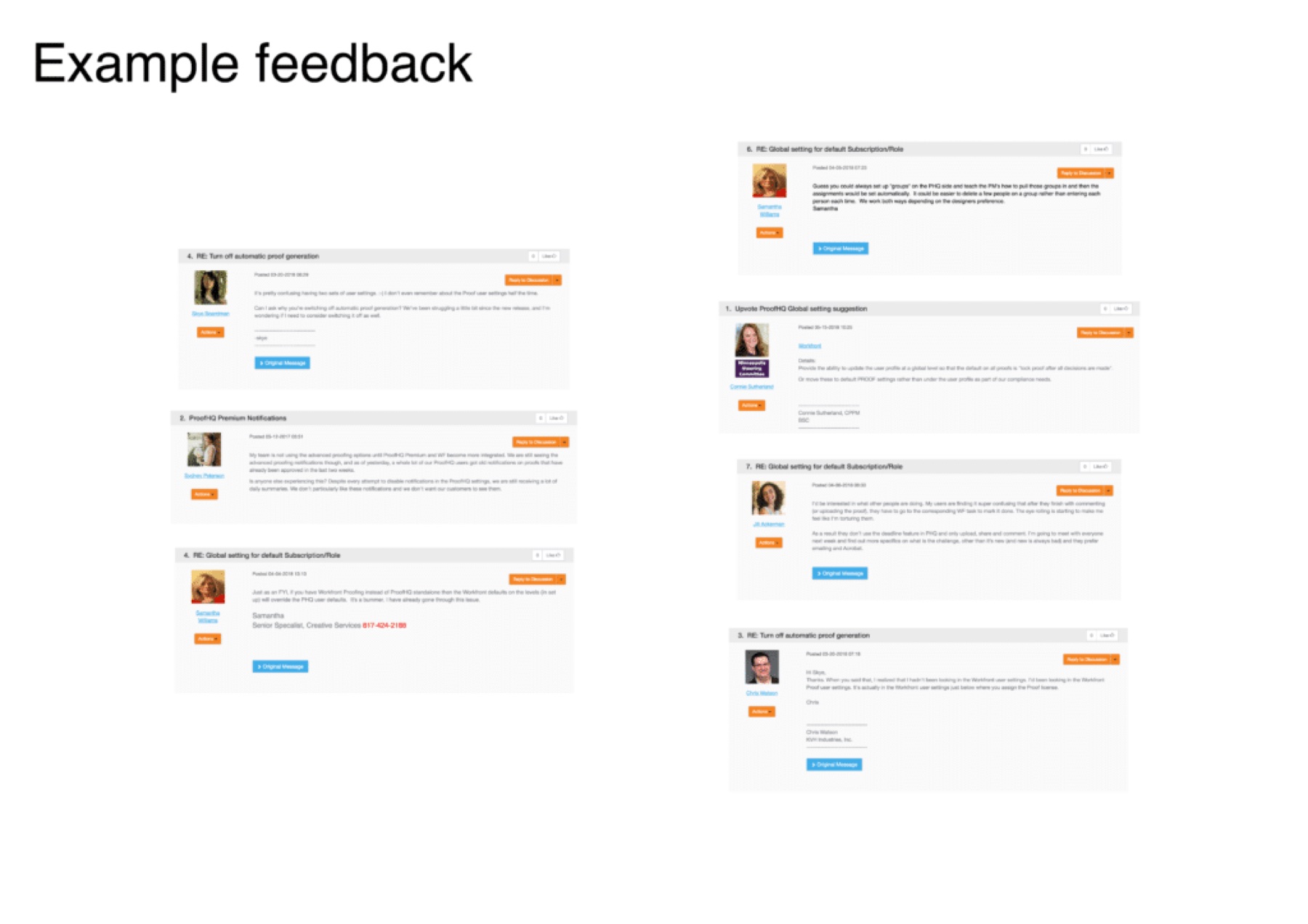 Example customer feedback threads reporting confusion around separate Workfront and Workfront Proof settings