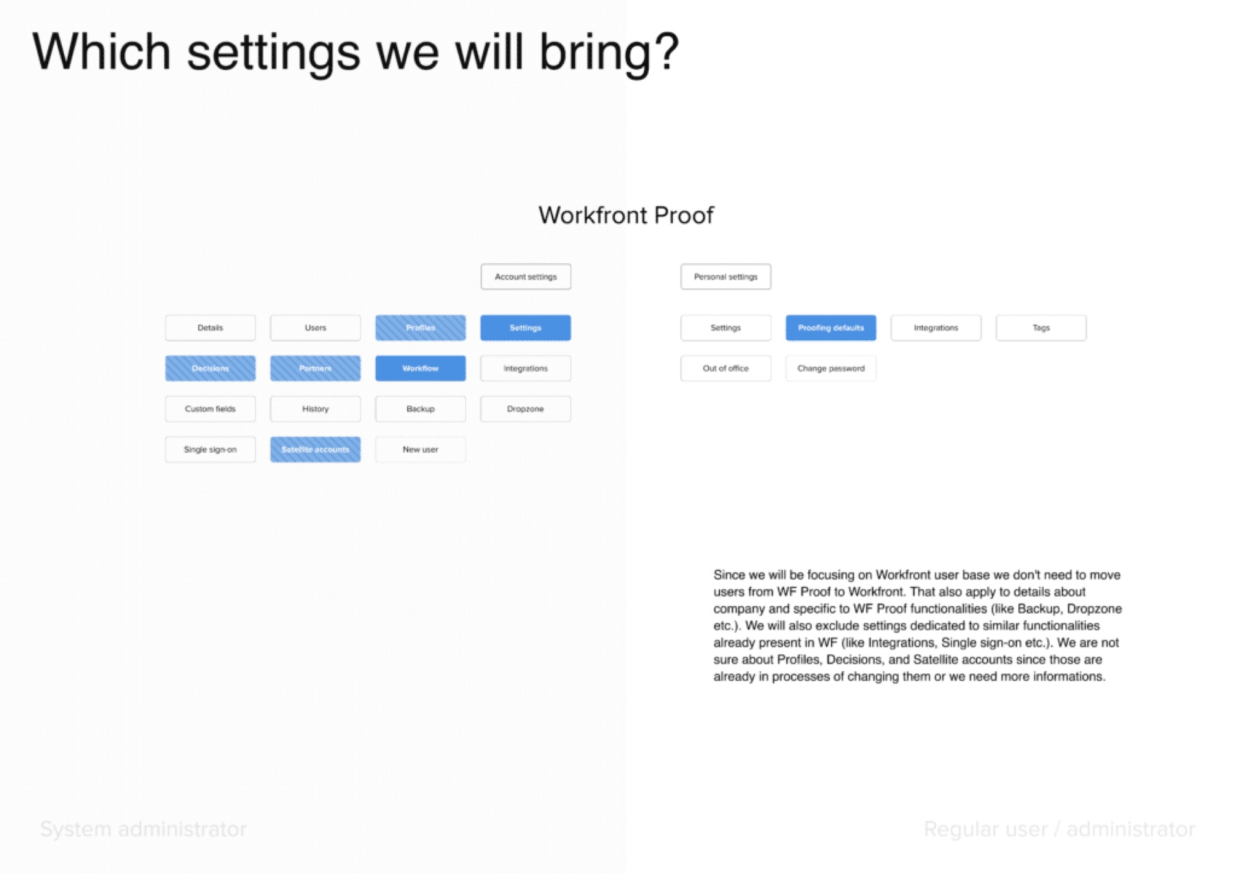 Selected Workfront Proof settings to migrate into Workfront, highlighted against the full settings comparison